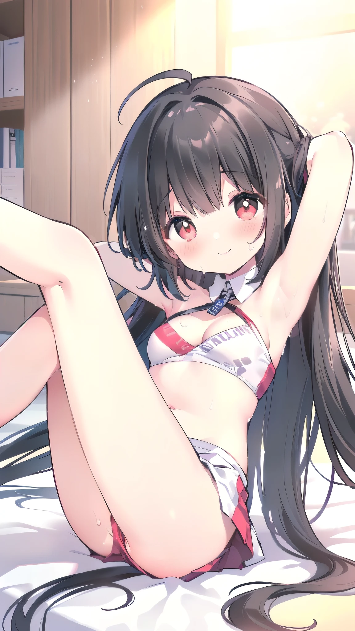 (1 girl, lying on gym mattress showing hot sweating armpits, cheering poses, wearing cheerleader uniform, high school student, in the gym store room background:1.5), (gentle housewife, small girl, full body, depth of view, and short figure girl, cute and adorable, perfect woman, medium cleavage, mature aura:1.2), (masterpiece, best quality, HD Pictures, 4K:1.1), ((very long hair, bangs, gentle look, gentle smile, gentle eyes, mature looking, pinkish cheeks, very detailed eyes, very detailed pupils, very detailed ridiculously long black hair, detailed face, detailed ruby red eyes)), full body, look up to viewer, detailed long black hair, (happy gentle face, warm smile, blushing red cheeks:1.3)