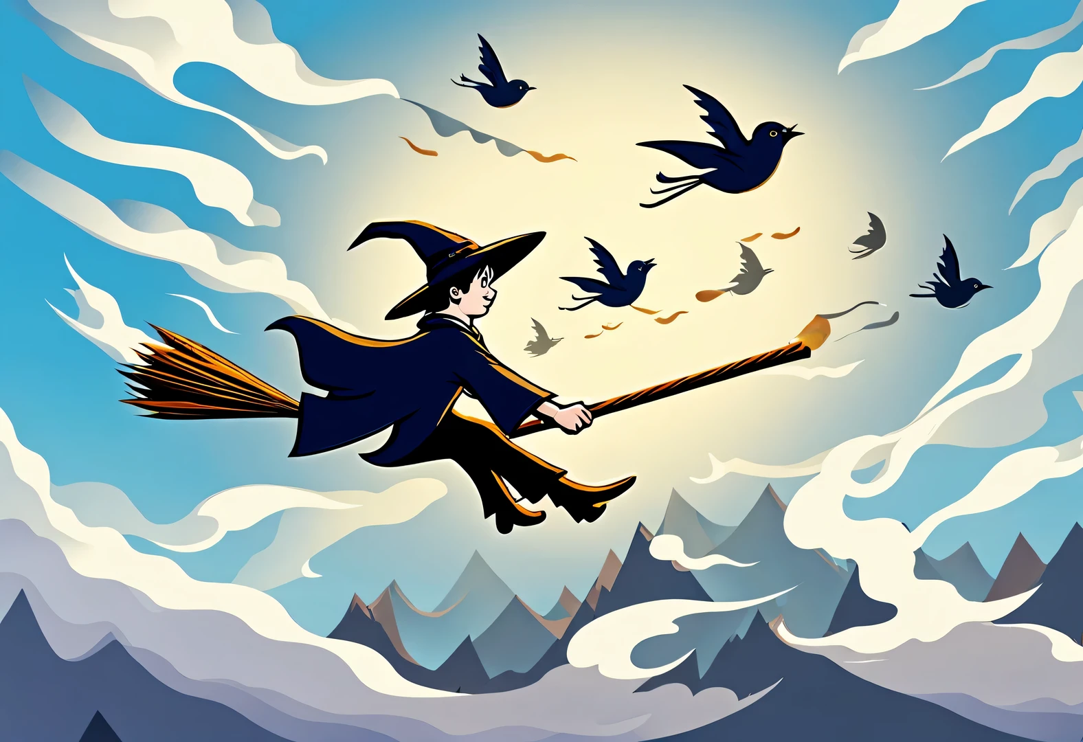 Wizard Harry Potter and Friends on the Broomstick，wearing wizard hat，magician&#39;robe，harry potter flying broom，harry potter flying broomstick，Magic Academy Arena Background，On a bright afternoon，Under the blue sky，Wizards racing on broomsticks。harry potter flying broom，harry potter flying broomstick，They travel among the clouds，Intense competition，Chase each other。The background is the vast sky and distant mountains，Gives people a feeling of flying。