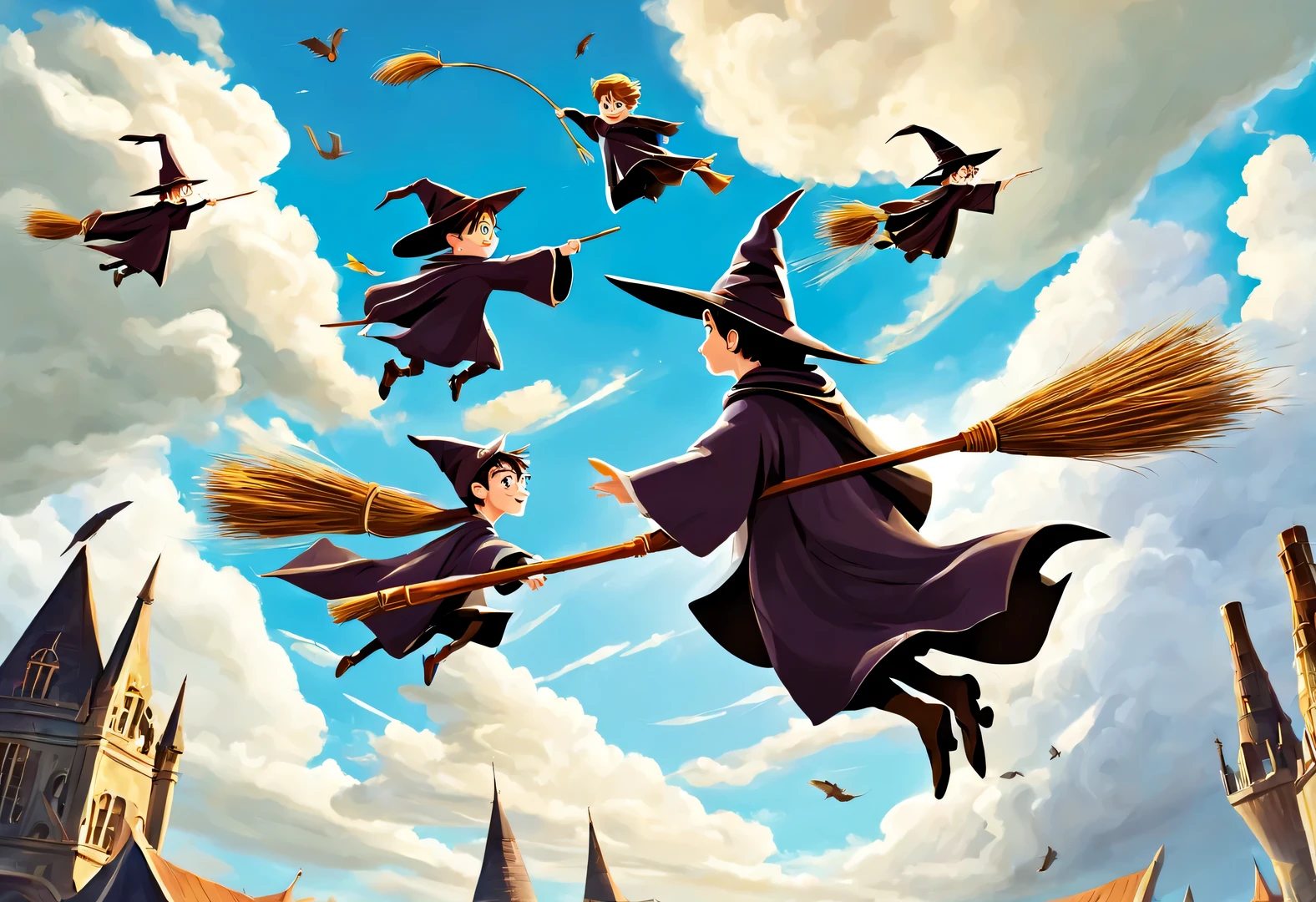 Wizard Harry Potter and Friends on the Broomstick,wearing wizard hat,magician'robe,harry potter flying broom,harry potter flying broomstick,Magic Academy Arena Background,On a bright afternoon,Under the blue sky,Wizards racing on broomsticks。harry potter flying broom,harry potter flying broomstick,They travel among the clouds,Intense competition,Chase each other。The background is the vast sky and distant mountains,Gives people a feeling of flying。