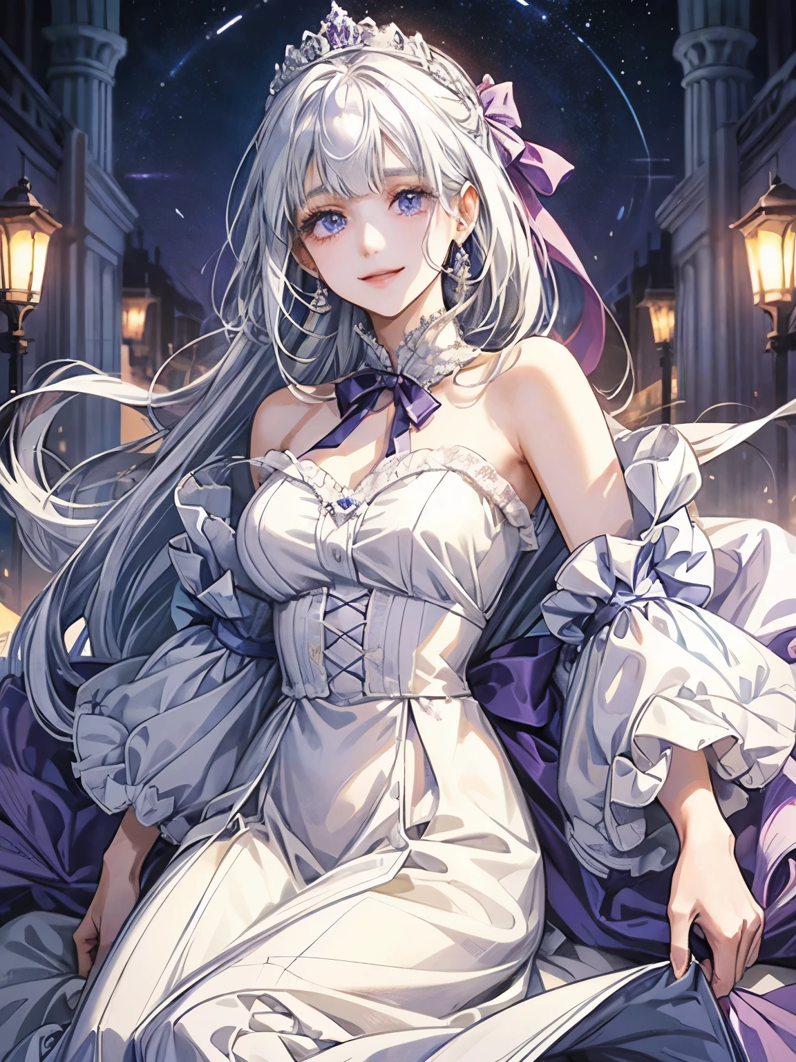 one girl、noble、daughter、white hair、purple eyes、droopy　eyes、white and light blue dress、ribbon、very cute、palace、Princess、long hair、high resolution、smile