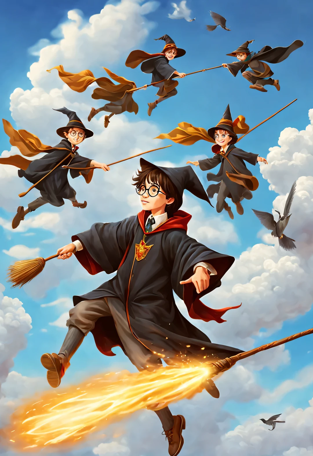 Wizard Harry Potter and Friends on the Broomstick，wearing wizard hat，magician&#39;robe，harry potter flying broom，harry potter flying broomstick，Magic Academy Arena Background，On a bright afternoon，Under the blue sky，Wizards racing on broomsticks。harry potter flying broom，harry potter flying broomstick，They travel among the clouds，Intense competition，Chase each other。The background is the vast sky and distant mountains，Gives people a feeling of flying。