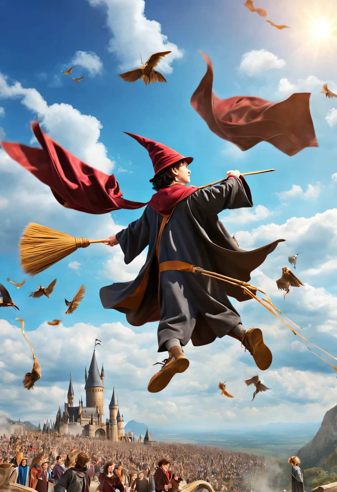 Wizard Harry Potter and Friends on the Broomstick,wearing wizard hat,magician'robe,harry potter flying broom,harry potter flying broomstick,Magic Academy Arena Background,On a bright afternoon,Under the blue sky,Wizards racing on broomsticks。harry potter flying broom,harry potter flying broomstick,They travel among the clouds,Intense competition,Chase each other。The background is the vast sky and distant mountains,Gives people a feeling of flying。