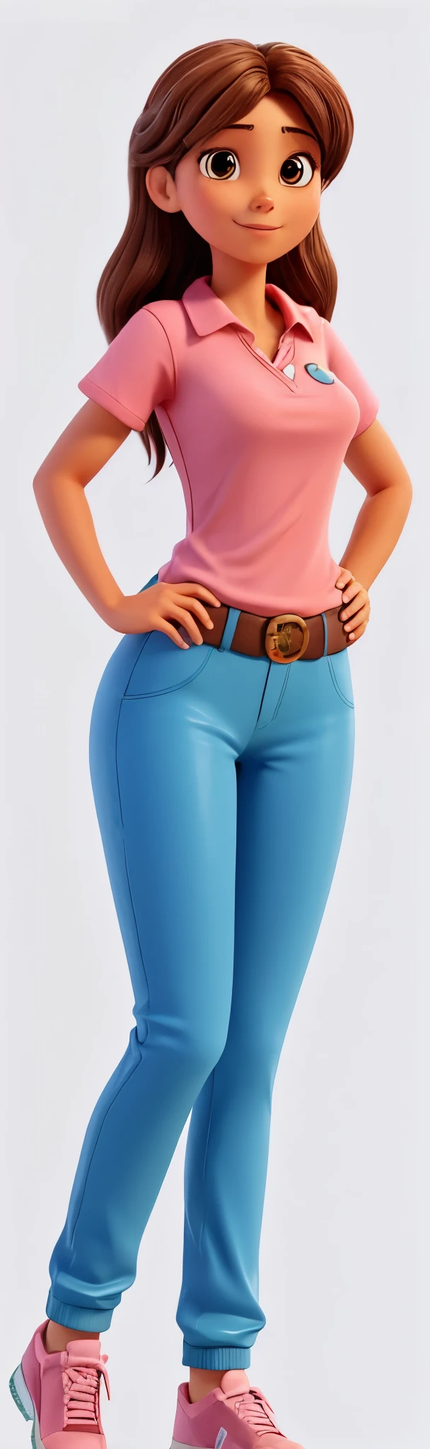 garota magra, straight brown hair down to the neck, pele clara e nariz italiano, pink shirt and blue pants, Holding a badge