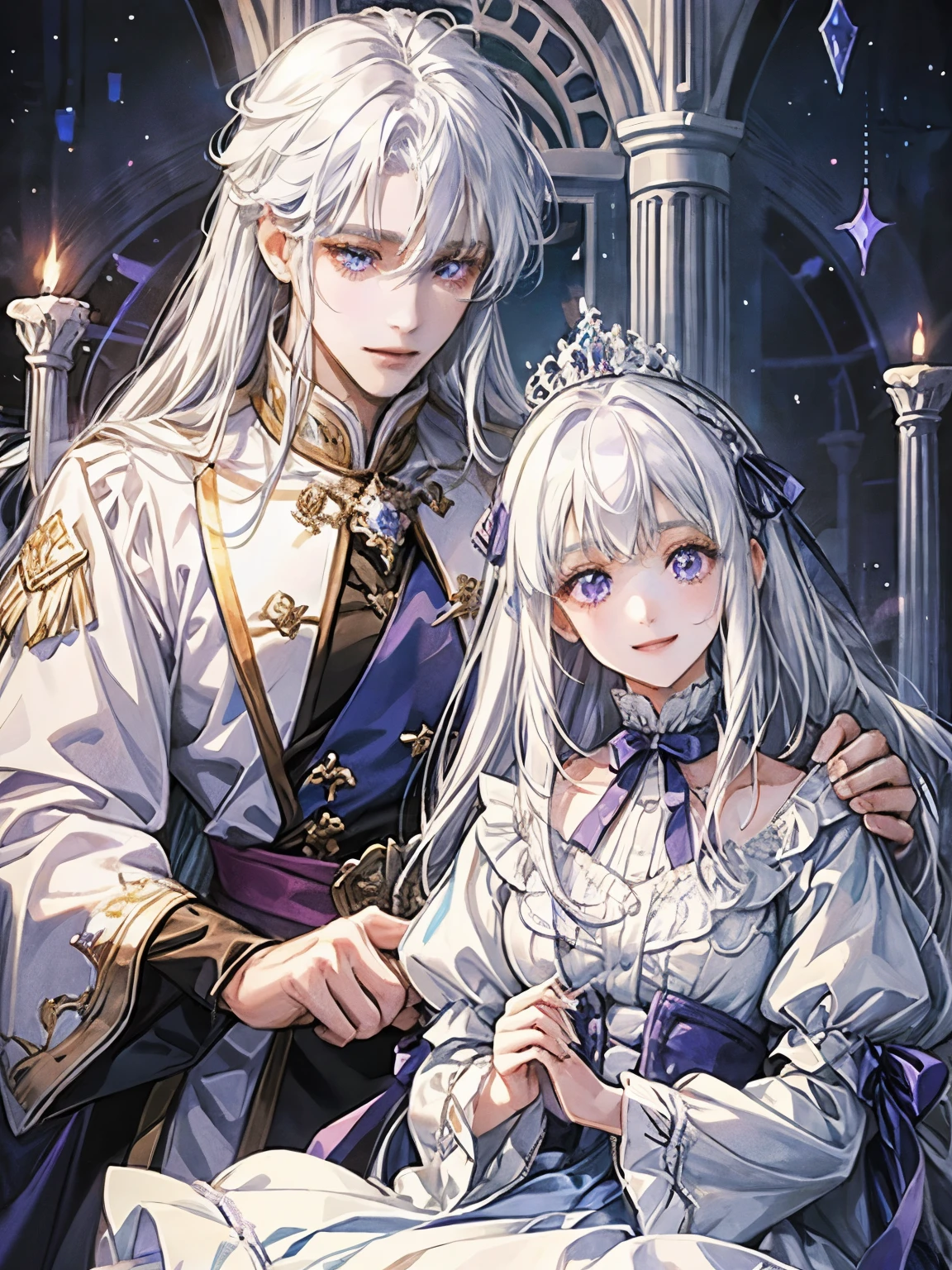 one girl、noble、daughter、white hair、purple eyes、droopy　eyes、White and blue dress、ribbon、very cute、palace、Princess、long hair、high resolution、smile、long sleeve