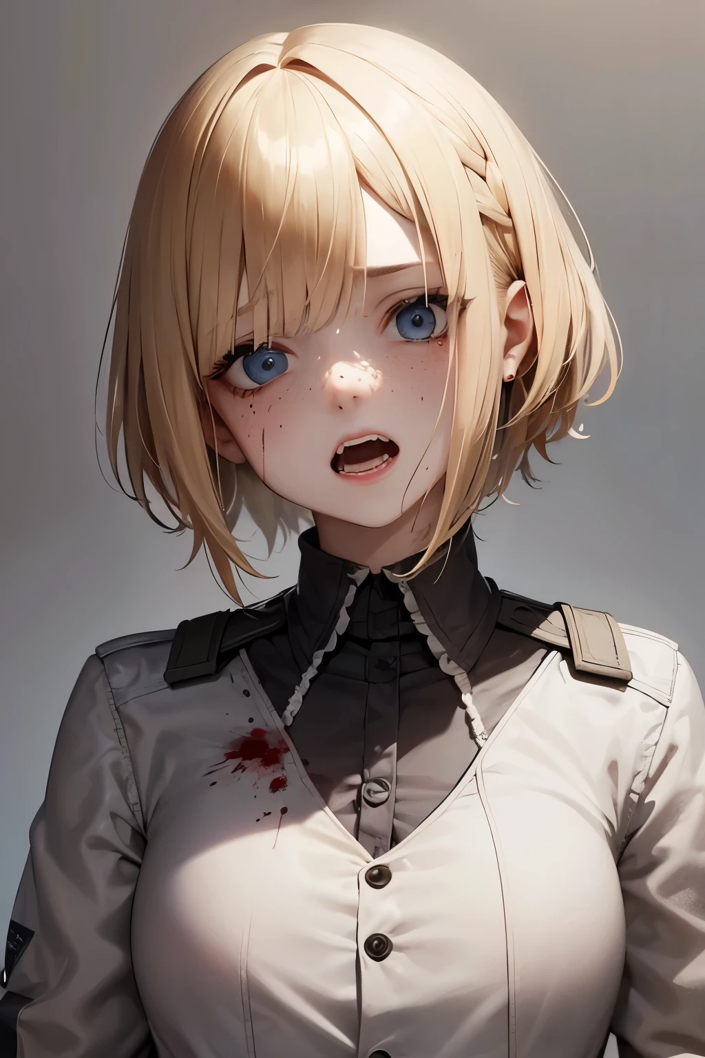 One, blonde girl, wounded eye,  bloody eye, missing eye, one eyed, brown eye, scared face, horror, despair, wound, blood on the face, looking up, masterpiece, Best quality, dark background, night