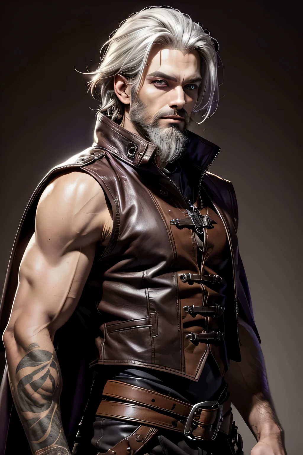 homem magro, on its own, pele marrom, cabelos e barba brancos, olhos roxos e coletes medievais de couro
