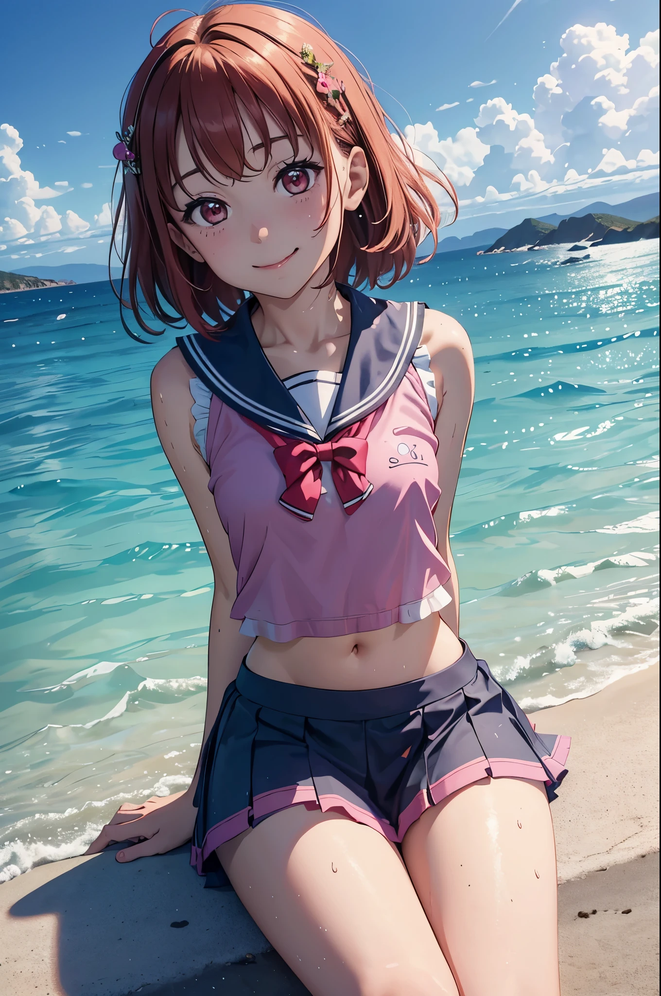 (best quality,4k,8k,highres,masterpiece:1.2), ultra-detailed, on knees, sitting,arms behind back,takami chika, sailor top, school skirt, midriff,  slightly excited and smile, sleeveless, thighs, cowboy shot, hair ornament, random pose,sea in background,wet clothes, (transparent disappearing clothes), pink eyes 