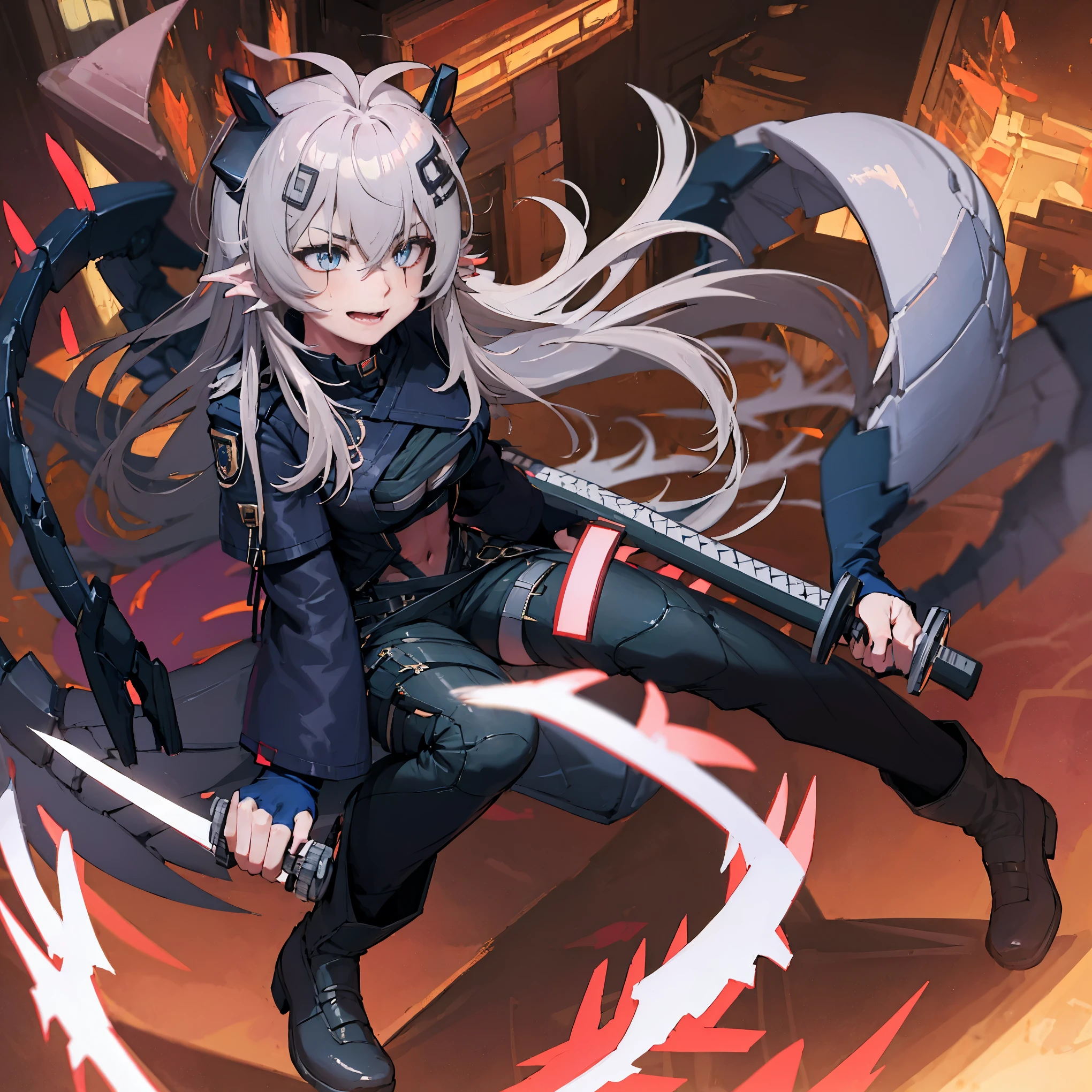 masterpiece, shoulder length white hair, female, 2 white fox ears, teenage girl, slime body, white scale dragon tail, military boots,black leggings, military combat pants, black T-shirt, white jacket open, medium size chest, detailed blue eyes,solo female,1 dragon tail, tomboyish, thick dragon tail, white scales, 2 dragon wings, white fluffy dragon wings, detailed face, holding a katana sword,very detailed, amazing details,solo female, ,, small height