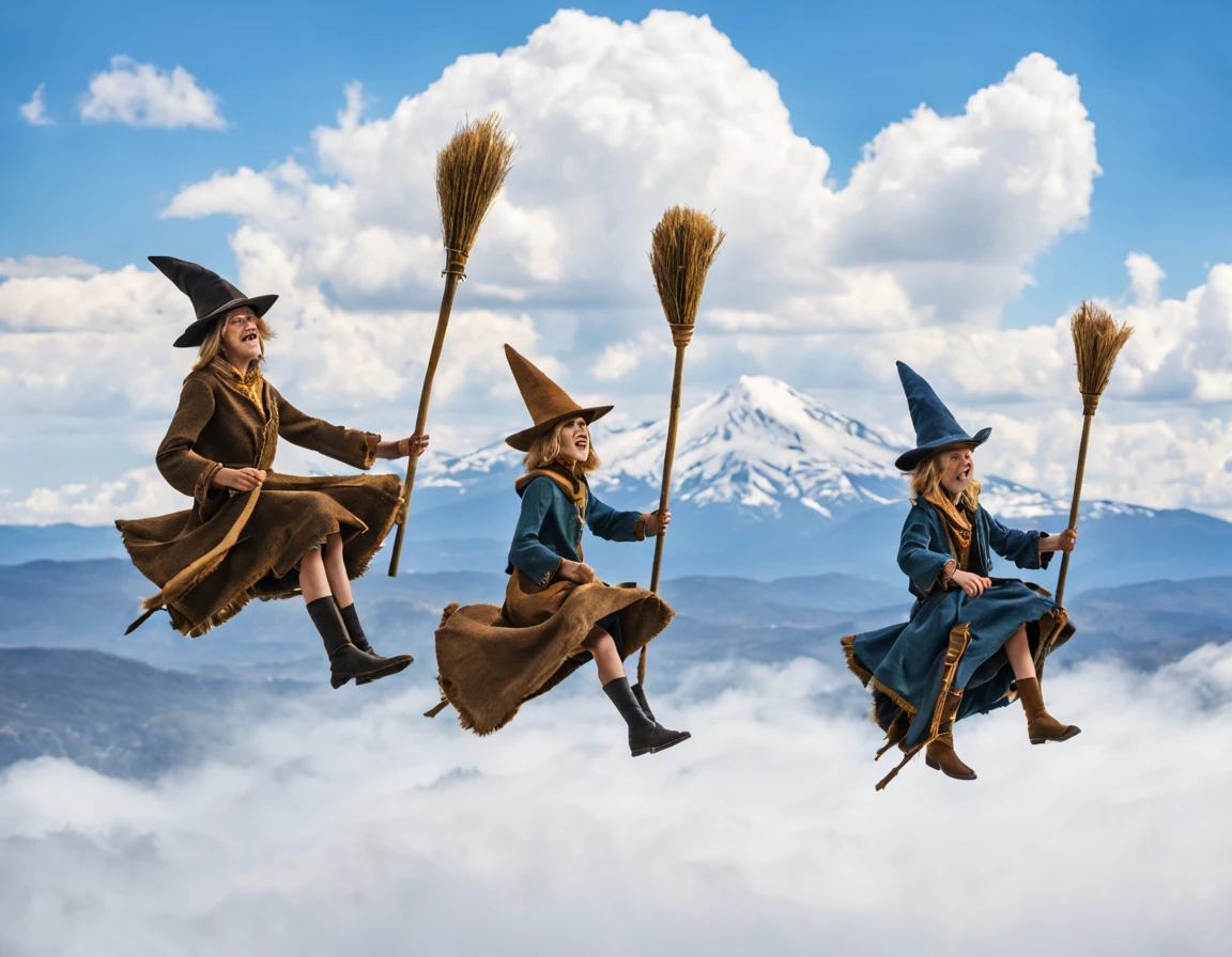 Wizards riding broomsticks on a sunny afternoon, challenging each other in the blue sky, while clouds surround them and distant mountains underscore the sense of exploration and excitement