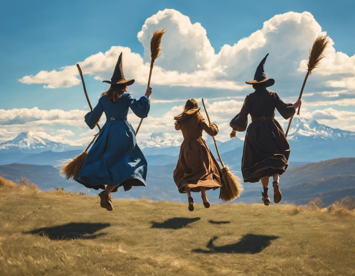 Wizards riding broomsticks on a sunny afternoon, challenging each other in the blue sky, while clouds surround them and distant mountains underscore the sense of exploration and excitement