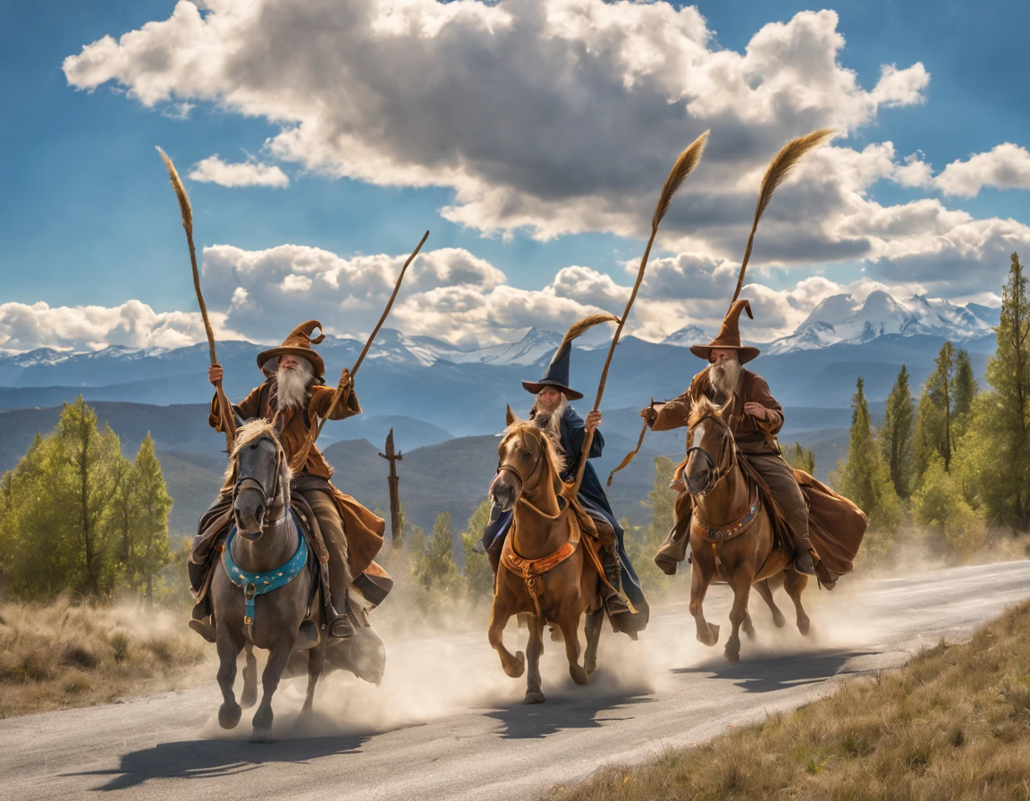 Wizards riding broomsticks on a sunny afternoon, challenging each other in the blue sky, while clouds surround them and distant mountains underscore the sense of exploration and excitement
