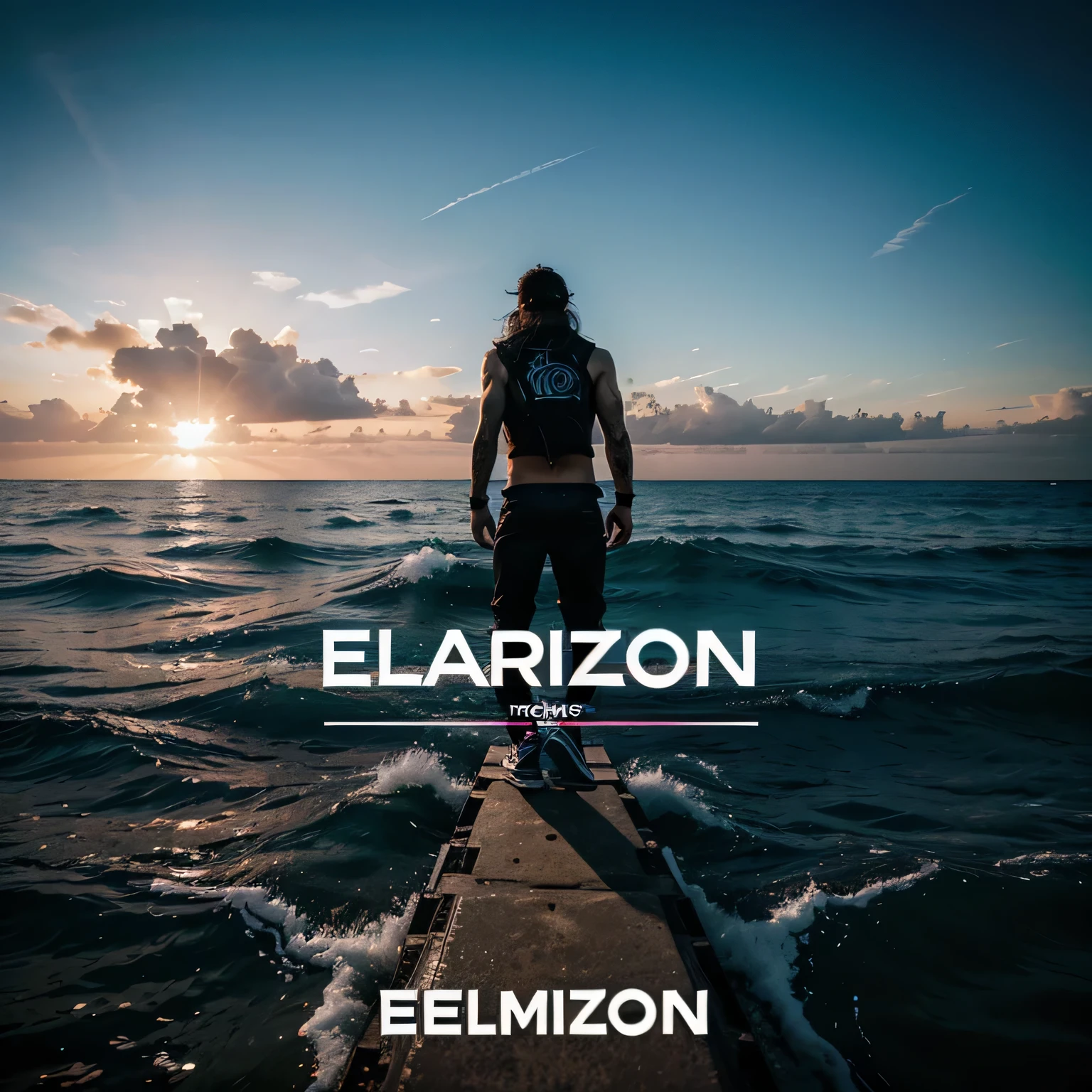 create a cover for an EDM music album with the title "chasing the horizon"