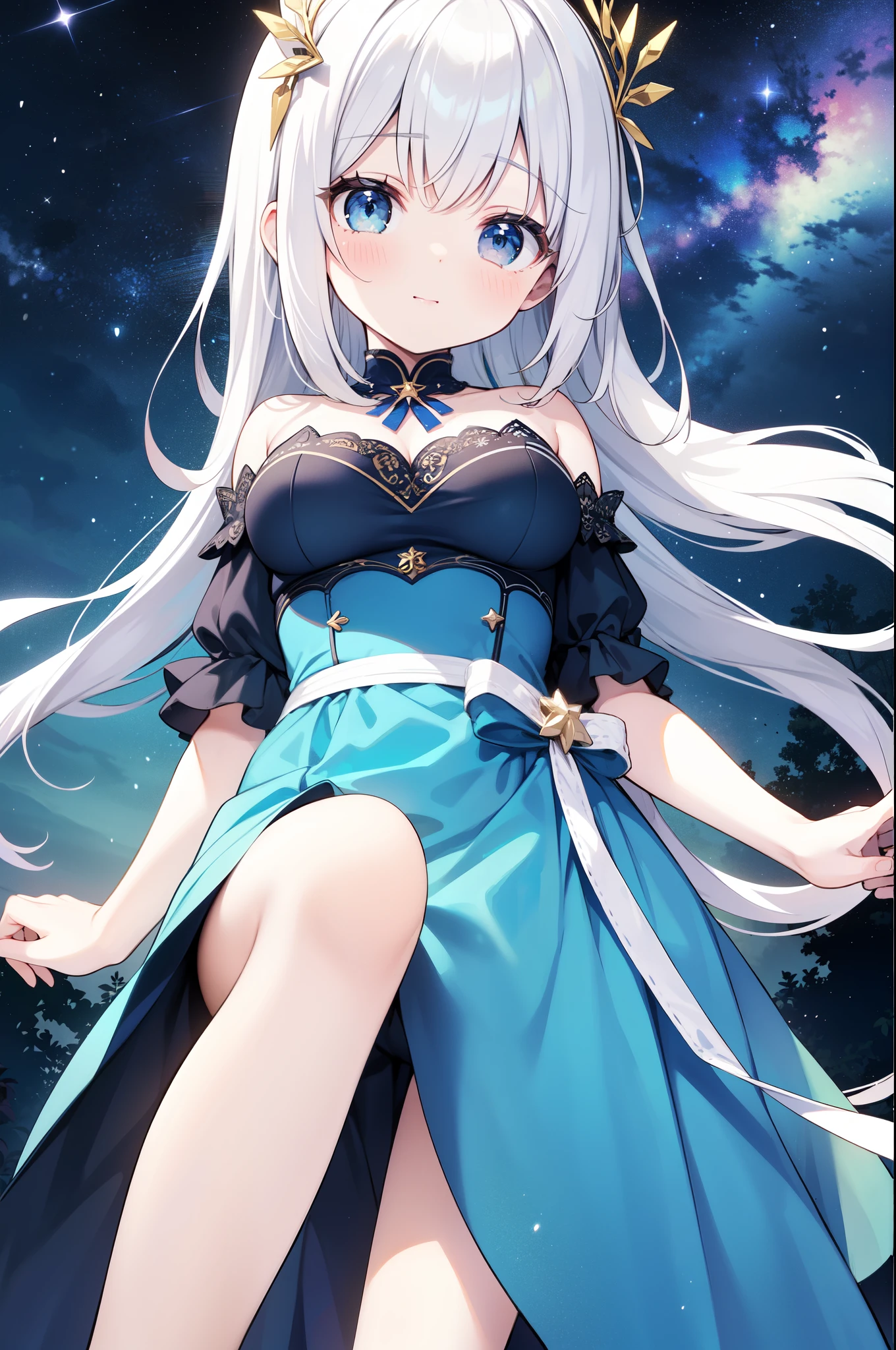 （masterpiece）、(highest quality)、((Super detailed))、(super delicate)、Ero cute、Pastel colors hair、beautiful breasts、Gorgeous、Fantastic forest and starry sky、Golden, silver, and deep blue dress、look up from below