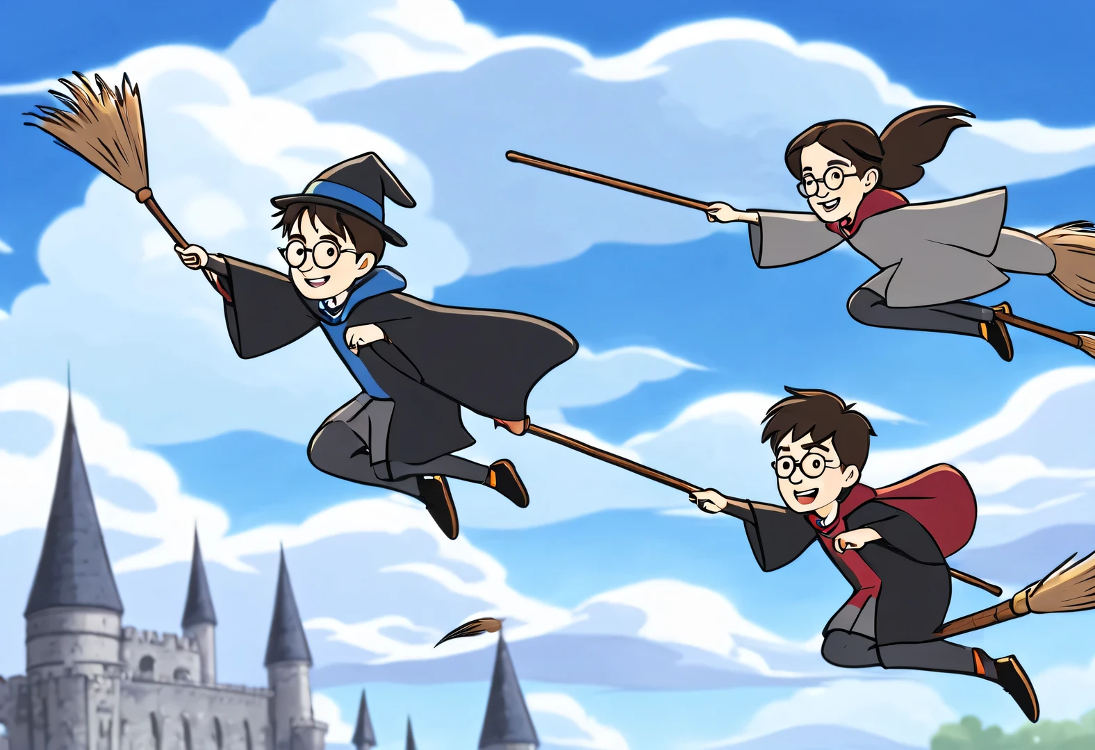 Wizard Harry Potter and Friends on the Broomstick，wearing wizard hat，magician&#39;robe，harry potter flying broom，harry potter flying broomstick，Magic Academy Arena Background，On a bright afternoon，Under the blue sky，Wizards racing on broomsticks。harry potter flying broom，harry potter flying broomstick，They travel among the clouds，Intense competition，Chase each other。The background is the vast sky and distant mountains，Gives people a feeling of flying。