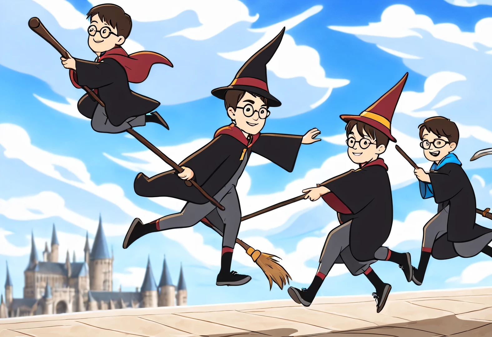 Wizard Harry Potter and Friends on the Broomstick,wearing wizard hat,magician'robe,harry potter flying broom,harry potter flying broomstick,Magic Academy Arena Background,On a bright afternoon,Under the blue sky,Wizards racing on broomsticks。harry potter flying broom,harry potter flying broomstick,They travel among the clouds,Intense competition,Chase each other。The background is the vast sky and distant mountains,Gives people a feeling of flying。