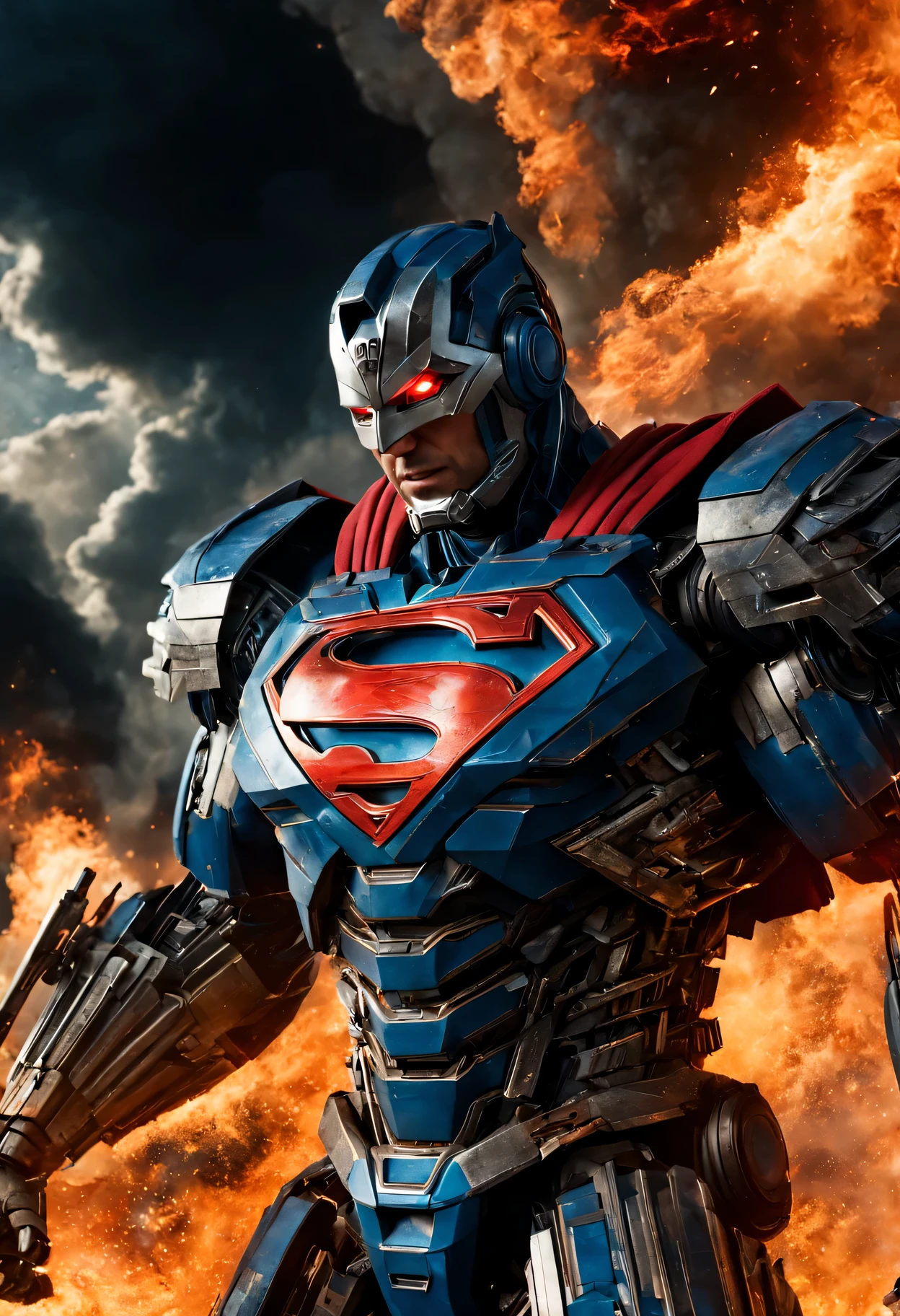 a close up of a superman is mad in front of a fire, transformers cinematic universe, wojtek fus, hq 4k wallpaper, transformers : the last knight, in the movie transformers, thertrevkaiser, Henry Cavill as superman, artstation masterpiece, super robot, superman fused with optimus prime, japanese dc live-action movie, hd wallpaper, inspired by Zack Snyder, Night sky with a huge and beautiful full moon, estrelas brilhando, 8k,