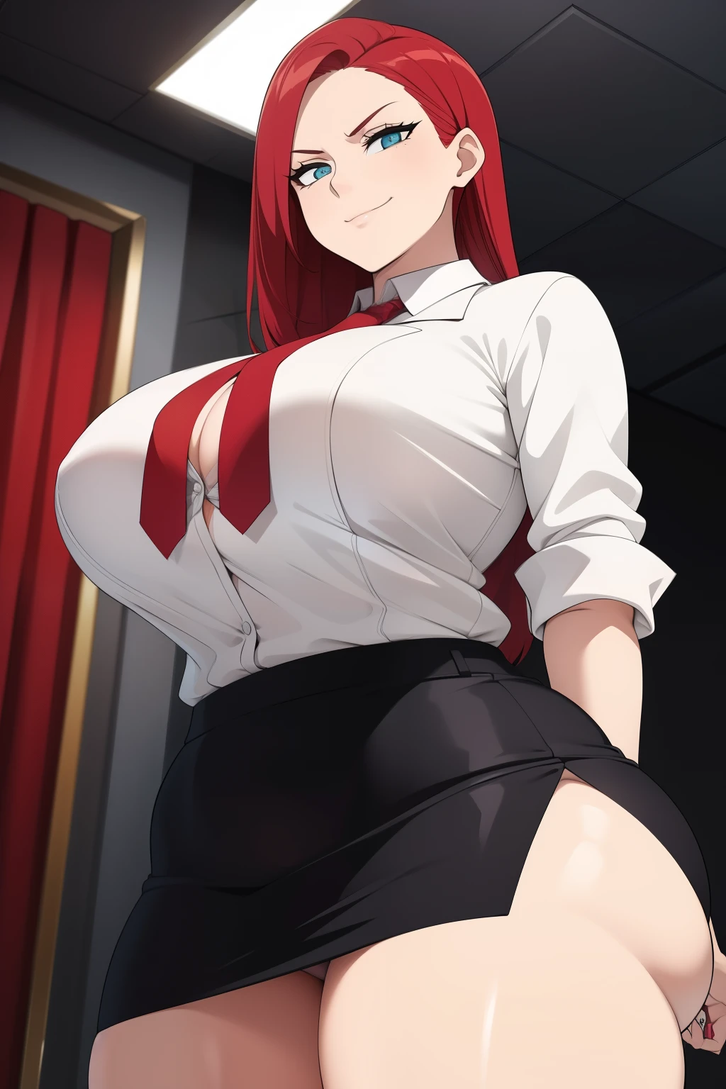 Woman in a business suit, curvy, busty, evil smirk, dominant stare, thick thighs, red hair, view from below, presenting her butt, lifting her skirt, inside a room