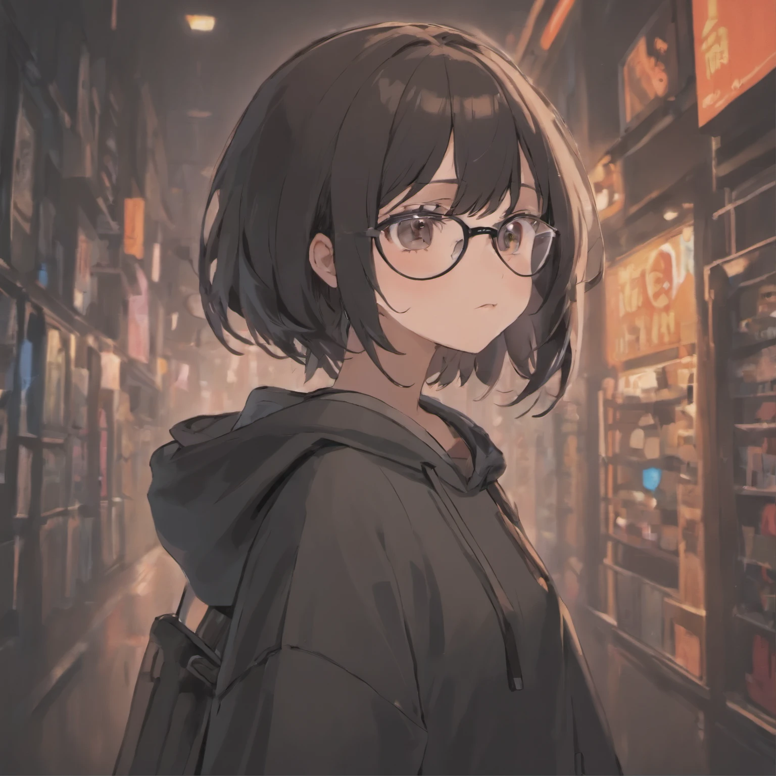 best quality，Black thin-rimmed glasses,Black hooded sweatshirt,black hair,Brown eyes,darkroom,hacker，Sleepy eyes，bust，Turn to look at the viewer