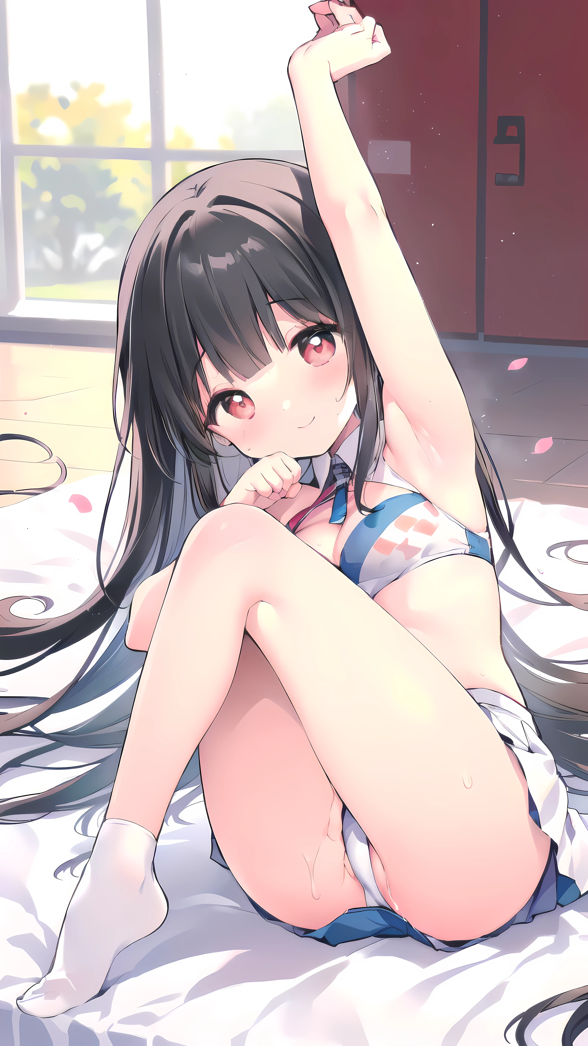 (1 girl, lying on gym mattress, showing hot sweating armpits, cheering poses, wearing cheerleader uniform, high school student, in the gym store room background:1.5), (gentle housewife, girl, full body, depth of view, and short figure girl, cute and adorable, perfect woman, medium cleavage, mature aura:1.2), (masterpiece, best quality, HD Pictures, 4K:1.1), ((very long hair, bangs, gentle look, gentle smile, gentle eyes, mature looking, pinkish cheeks, very detailed eyes, very detailed pupils, very detailed ridiculously long black hair, detailed face, detailed ruby red eyes)), full body, look up to viewer, detailed long black hair, (happy gentle face, warm smile, blushing red cheeks:1.3)