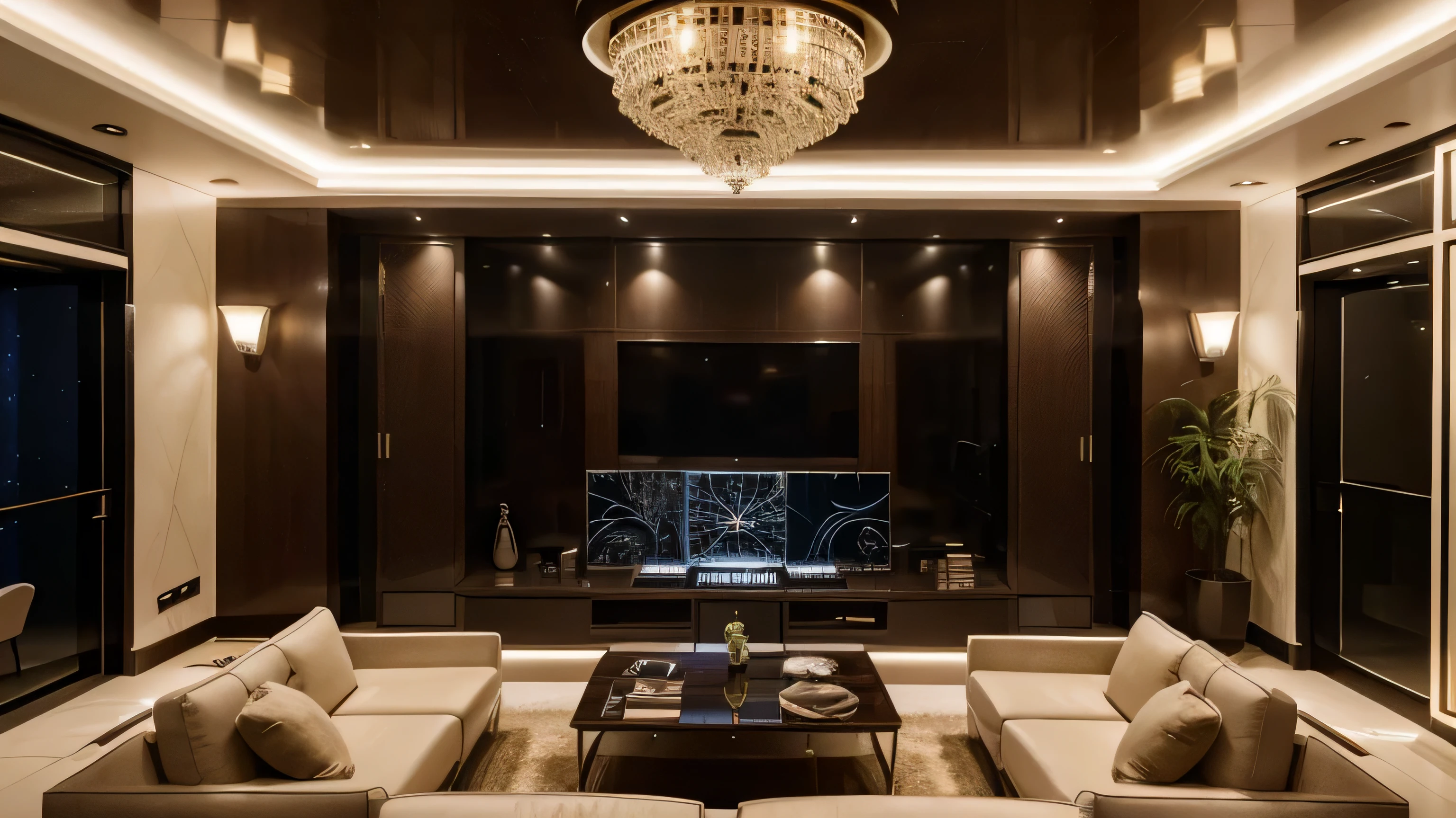 control room at the headquarters of a super-tech secret agency, ambiente com estilo e bom gosto, arquitetura refinada e chique, expensive and romantic elements, intimate lighting, a mix of millionaire'room with modules that can be closed to hide equipment.