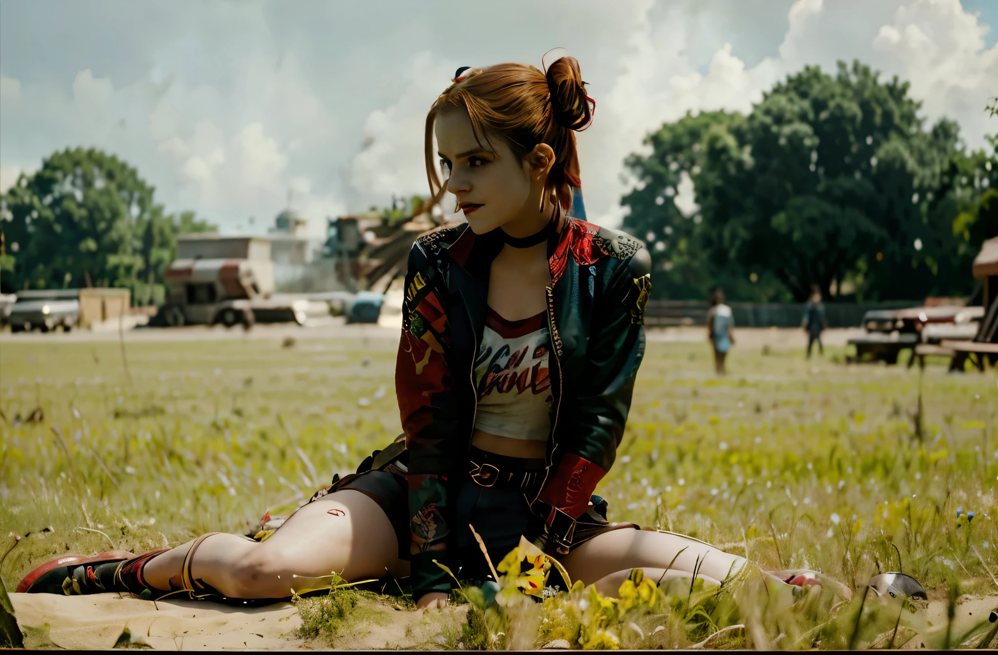 
shot of emma watson, harley quinn from dc, passionate look, photorealistic, cinematic, overcast, sunlight, 4k resolution, hyperdetailed, cinematic scene composition by james gunn