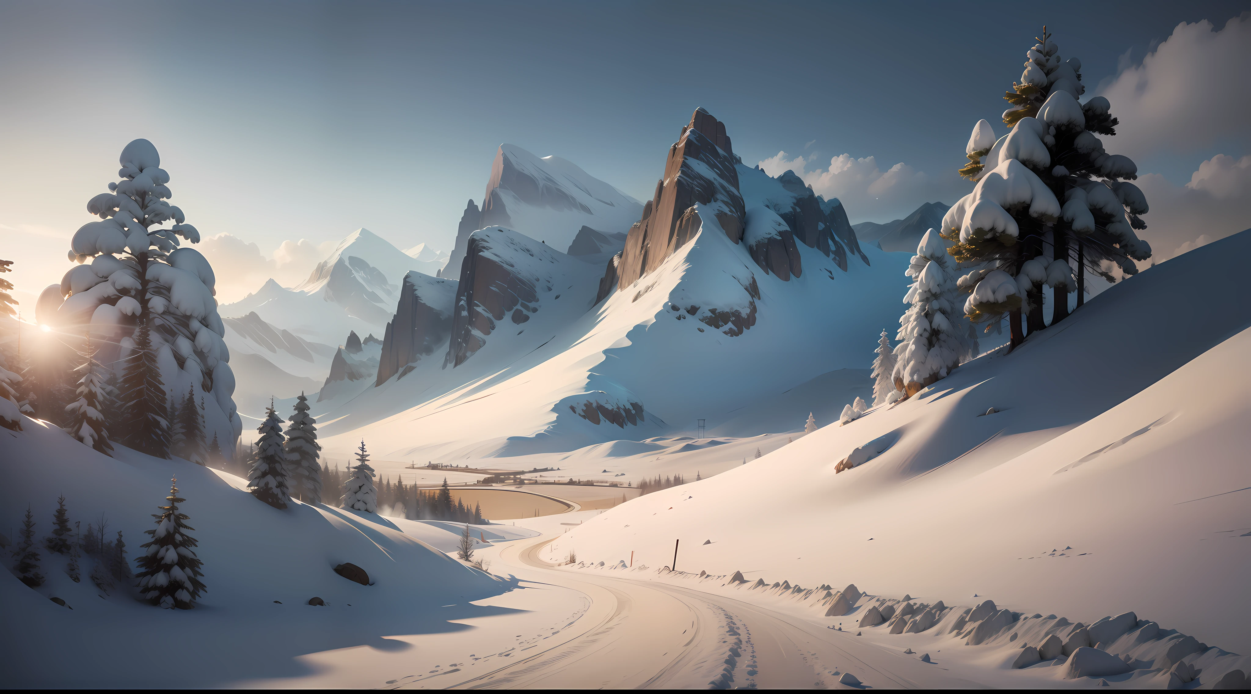 montanhas com neve, Realism, Hyperrealism, cinematic lighting, backlighting, Canon, panorama, UHD, super detail, high details, 16k