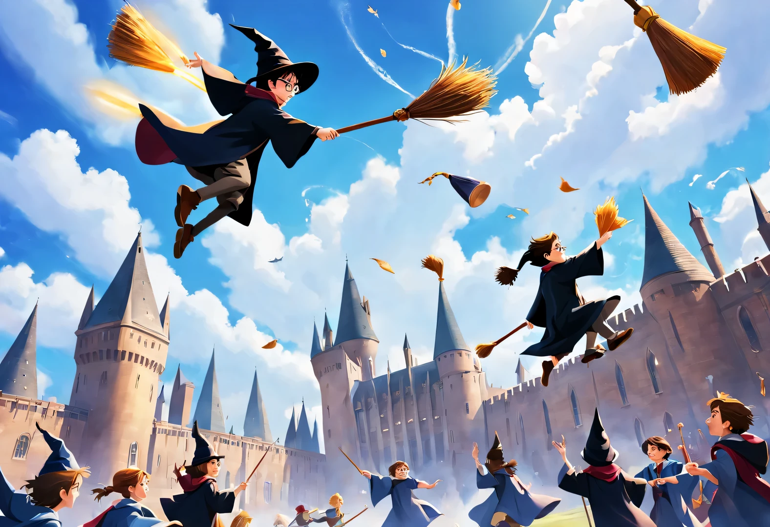 Game scene design，Wizard Harry Potter and Friends on the Broomstick，wearing wizard hat，magician&#39;robe，harry potter flying broom，harry potter flying broomstick，Magic Academy Arena Background，On a bright afternoon，Under the blue sky，Wizards racing on broomsticks。harry potter flying broom，harry potter flying broomstick，They travel among the clouds，Intense competition，Chase each other。The background is the vast sky and distant mountains，Gives people a feeling of flying。