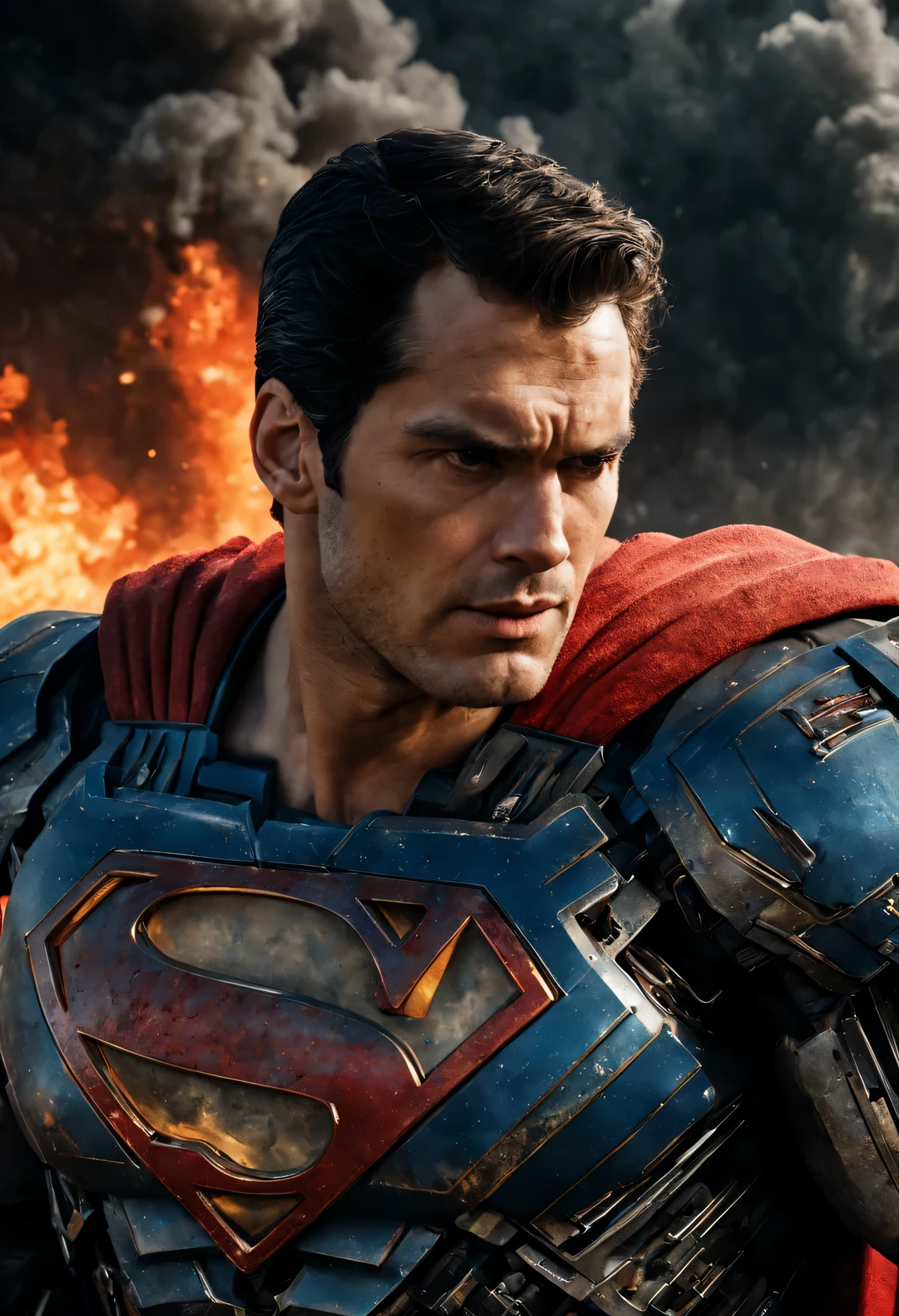 a close up of a superman is mad in front of a fire, transformers cinematic universe, wojtek fus, hq 4k wallpaper, transformers : the last knight, in the movie transformers, thertrevkaiser, Henry Cavill as superman, artstation masterpiece, super robot, superman fused with optimus prime, japanese dc live-action movie, hd wallpaper, inspired by Zack Snyder, Night sky with a huge and beautiful full moon, estrelas brilhando, 8k,