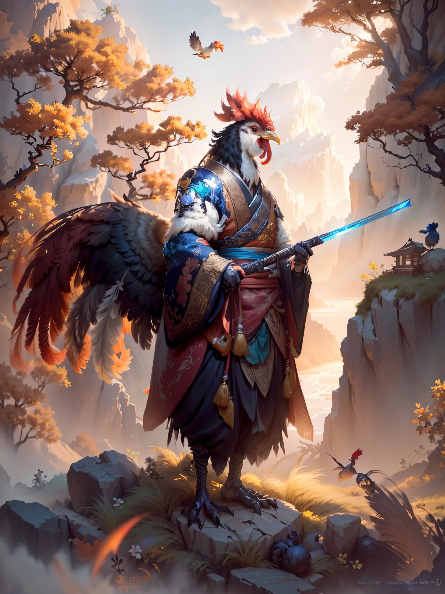 Draw a rooster with a sword and a bird on a rock, avian warrior, the king of rooster, fantasy duck concept portrait, birds f cgsociety, Onmyoji detailed art, art by Wlop and Greg Rutkowski, cgsociety and fenghua zhong, G Liulian art style, Feng Zhu concept art, Inspired by Hu Zaobin