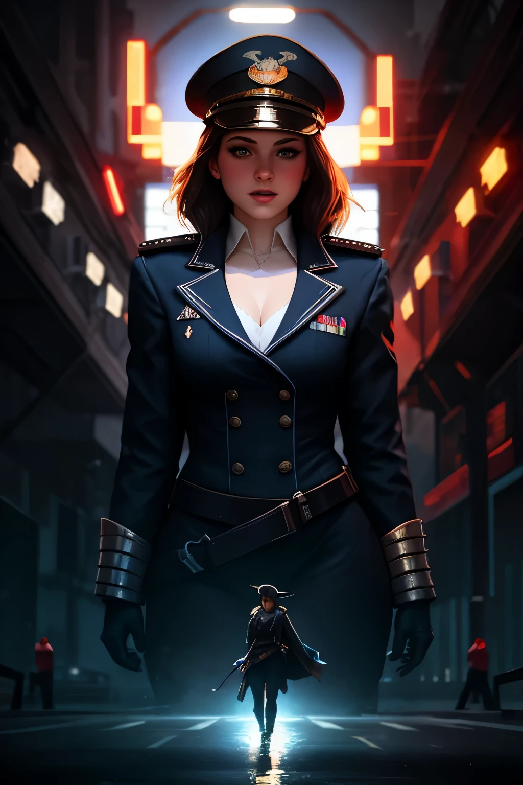 (Redshift style) (analog style) (thepit bimbo:0.7) (studio_ghibli_anime_style style:0.4), (copeseethemald style:0.4), anatomical, 1girl, solo, skinny woman wearing navy uniform, navy captain hat, cleavage, very long hair, dark hair, 8k resolution concept art portrait by Greg Rutkowski, Artgerm, WLOP, Alphonse Mucha dynamic lighting hyperdetailed intricately detailed Splash art trending on Artstation triadic colors Unreal Engine 5 volumetric lighting