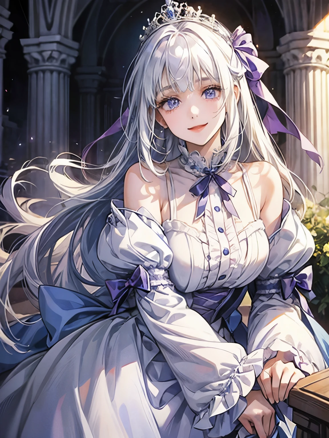 one girl、noble、daughter、white hair、purple eyes、droopy　eyes、White and blue dress、ribbon、very cute、palace、Princess、long hair、high resolution、smile、long sleeve