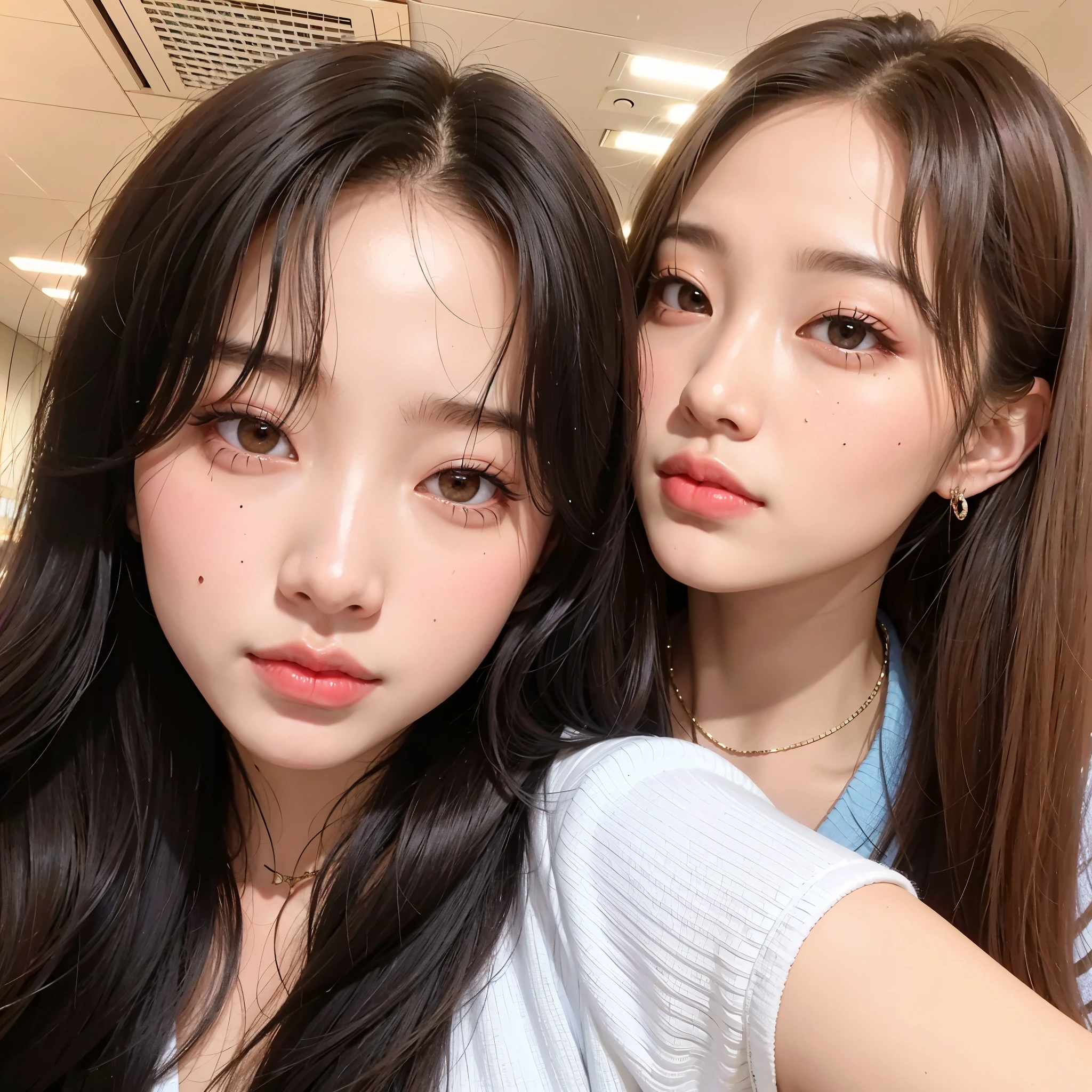 Two Asian women posing for a selfie in a public place., ulzzang, Lalisa Manobal, con negro, jaeyeon nam, Jinyoung Shin, con hiedra, este, con cara linda - fina, dos veces, nixeu y sakimichan, # jefe, #jefe, TaeJune Kim, maquillaje popular de corea del sur, rosa negro, rosa negro jennie