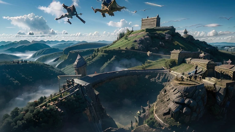 ((several wizards flying on broomsticks:1.4)) under a bright blue sky, traversing through the clouds and fiercely pursuing each other, while distant mountains and the vast sky backdrop add a sense of freedom in flight