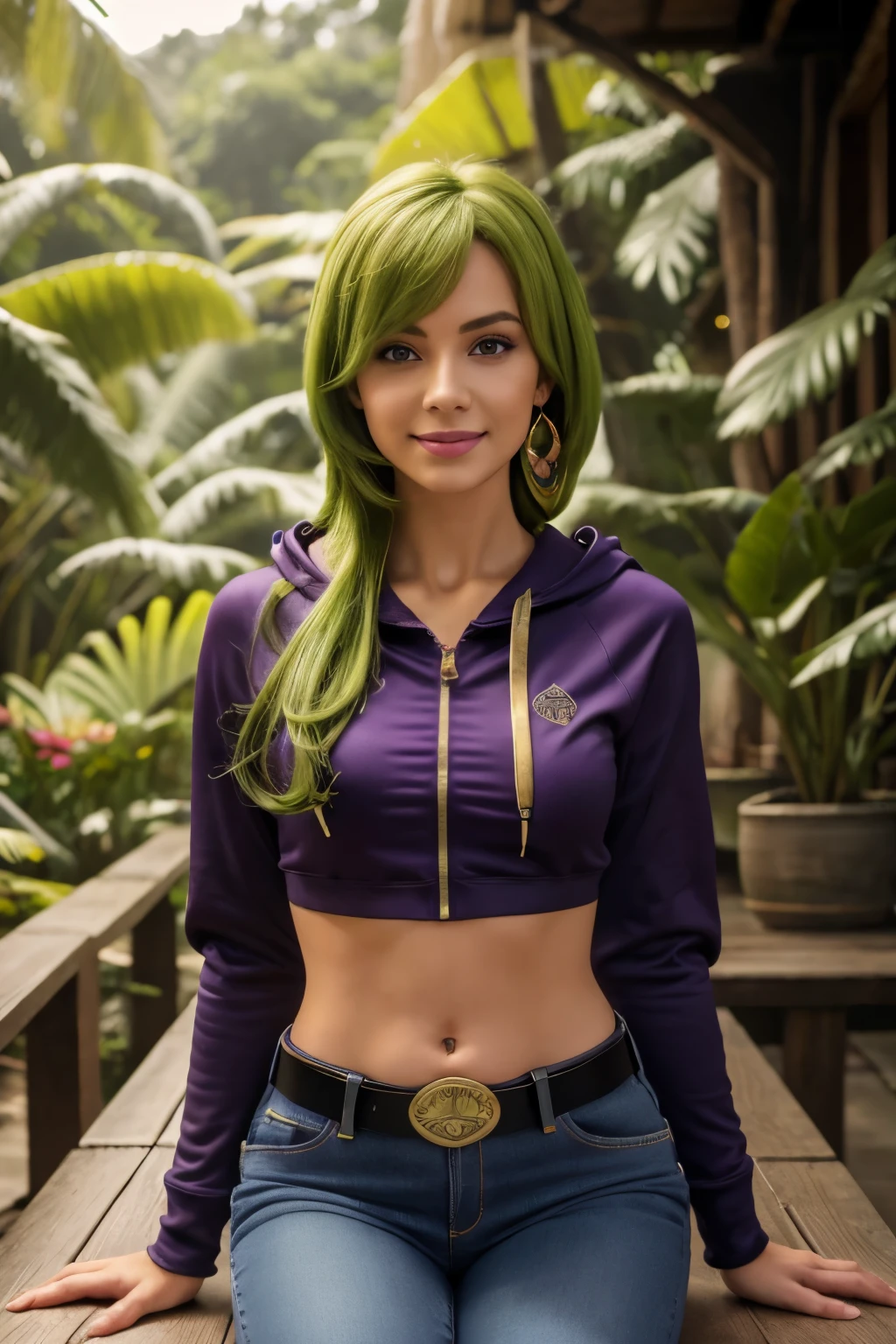 ((long sleeved zip hoodie, long jeans, gold belt)), ((midriff, navel)), looking at viewer, smile, rainforest, sit on wooden planks, (cinematic lighting, best quality, masterpiece, high details, best quality, highres, HD, 4K, 8k, super detail), Collei <genshin impact, green hair, hair clip, purple eyes, jewelry