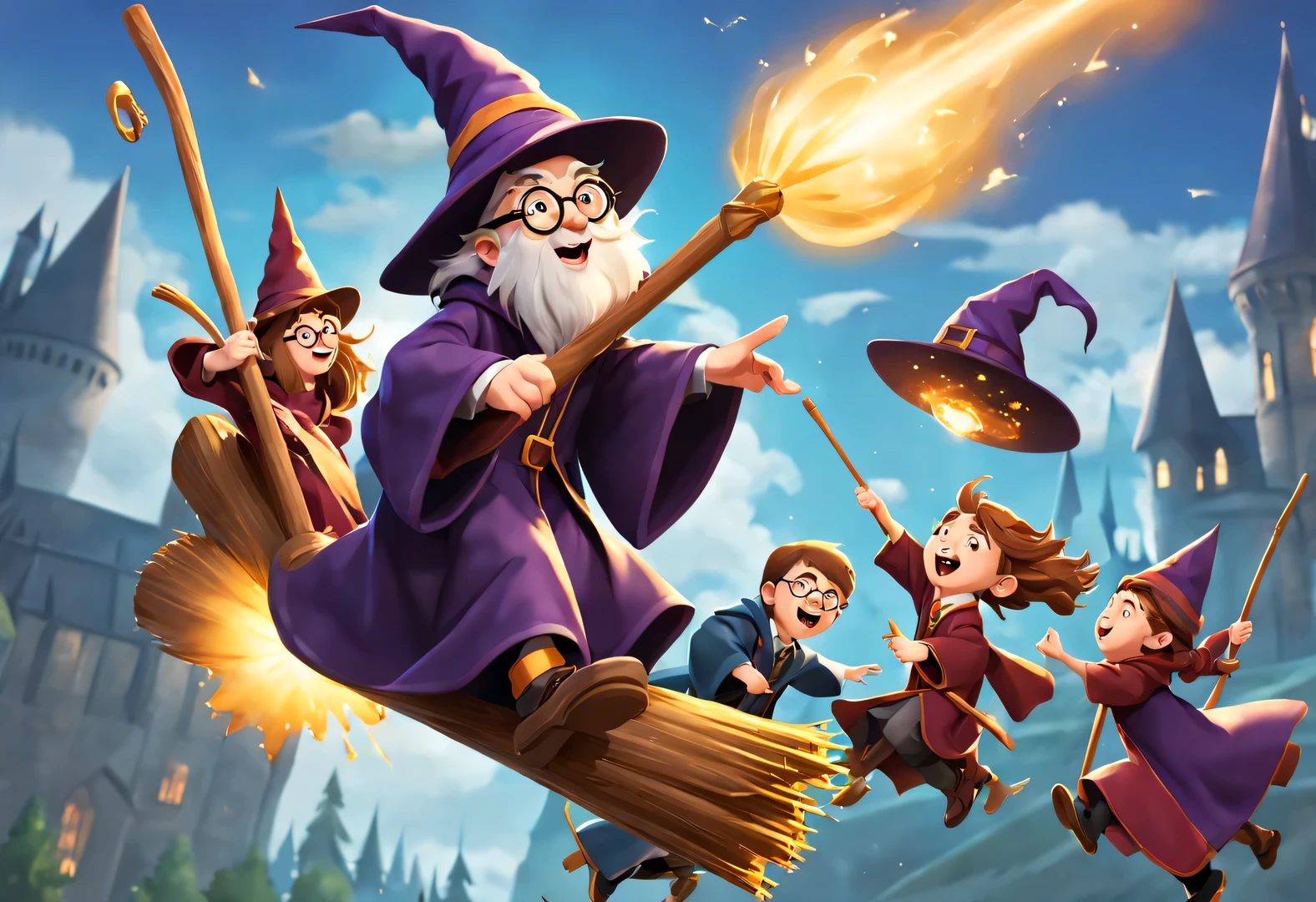 Game scene design，broomstick wizard harry potter and friends riding broomsticks，wearing wizard hat，magician&#39;robe，
