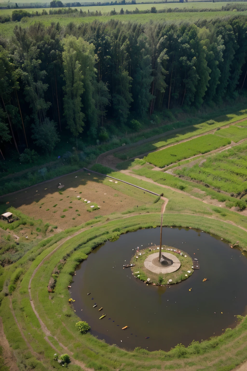 from an outerview, see a permacultural, agroforestal, biodiverse and coloful farm where a kid collects water from a well, the women works with vegetables, the old man fishes in a lake, he strong man works with a hoe in piles of organic compost, and there are lines of biodiverse agroforestry with litter in its ground