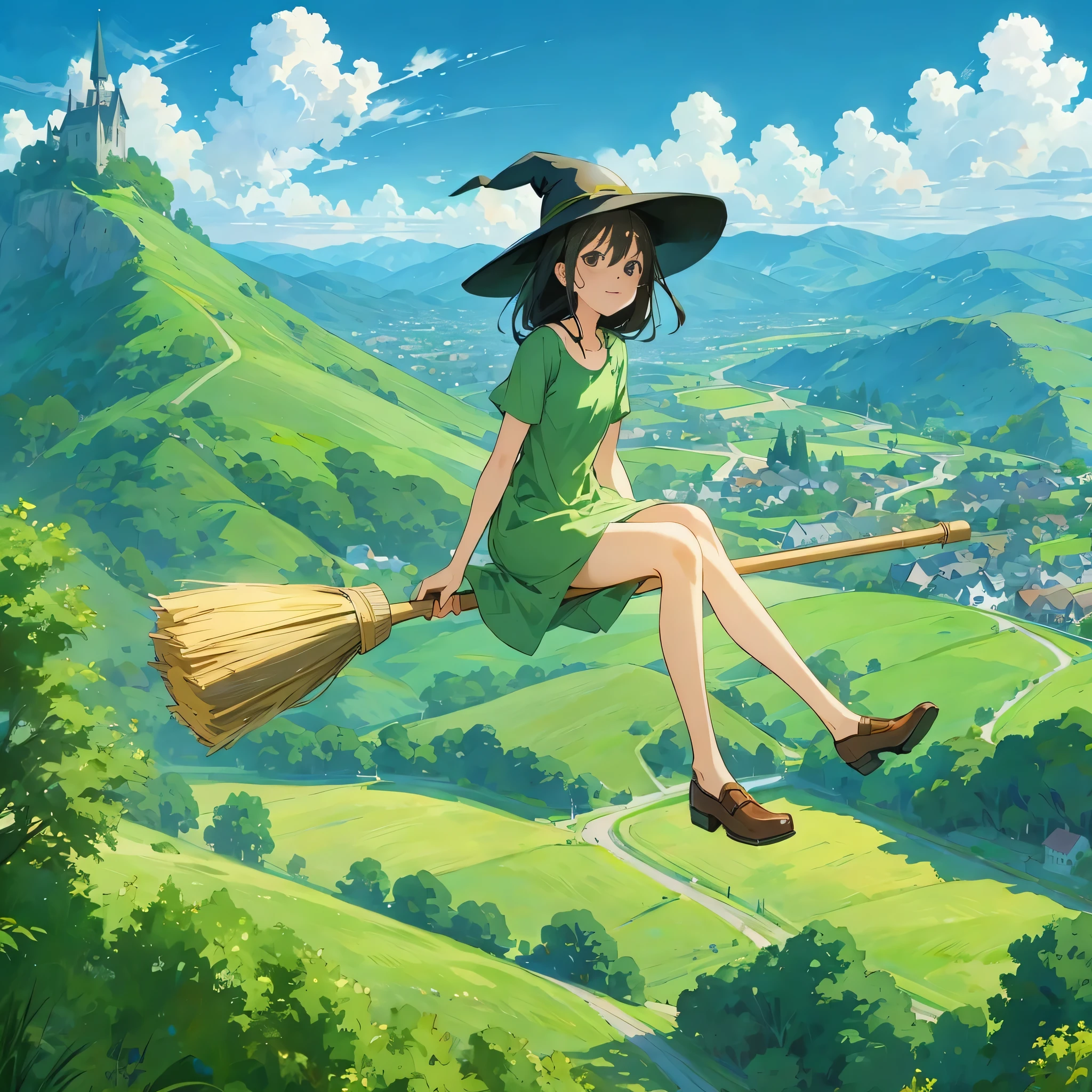 fix the face,((((Flying Witch))),((Hold the broom between your inner thighs:magic:rides:Flight)),Sit on a broom,Ride a broom,Straddling a broom,fantasy,beautiful light and shadow,be familiar with,((landscape:blue sky:summer)),A fresh green mountain below々,summerの日差し,anatomically correct,masterpiece,perfect face,cute face