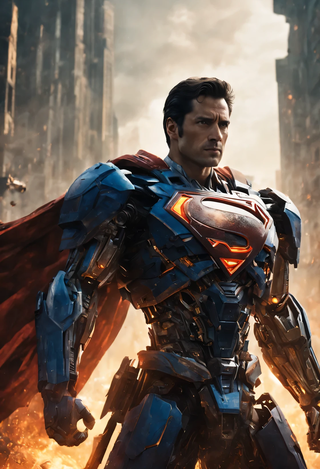 a close up of a superman posing in front of a fire, transformers cinematic universe, wojtek fus, hq 4k wallpaper, transformers : the last knight, in the movie transformers, thertrevkaiser, dwayne johnson as superman, artstation masterpiece, super robot, goku fused with optimus prime, japanese dc live-action movie, hd wallpaper, inspired by Zack Snyder, laser beam eyes