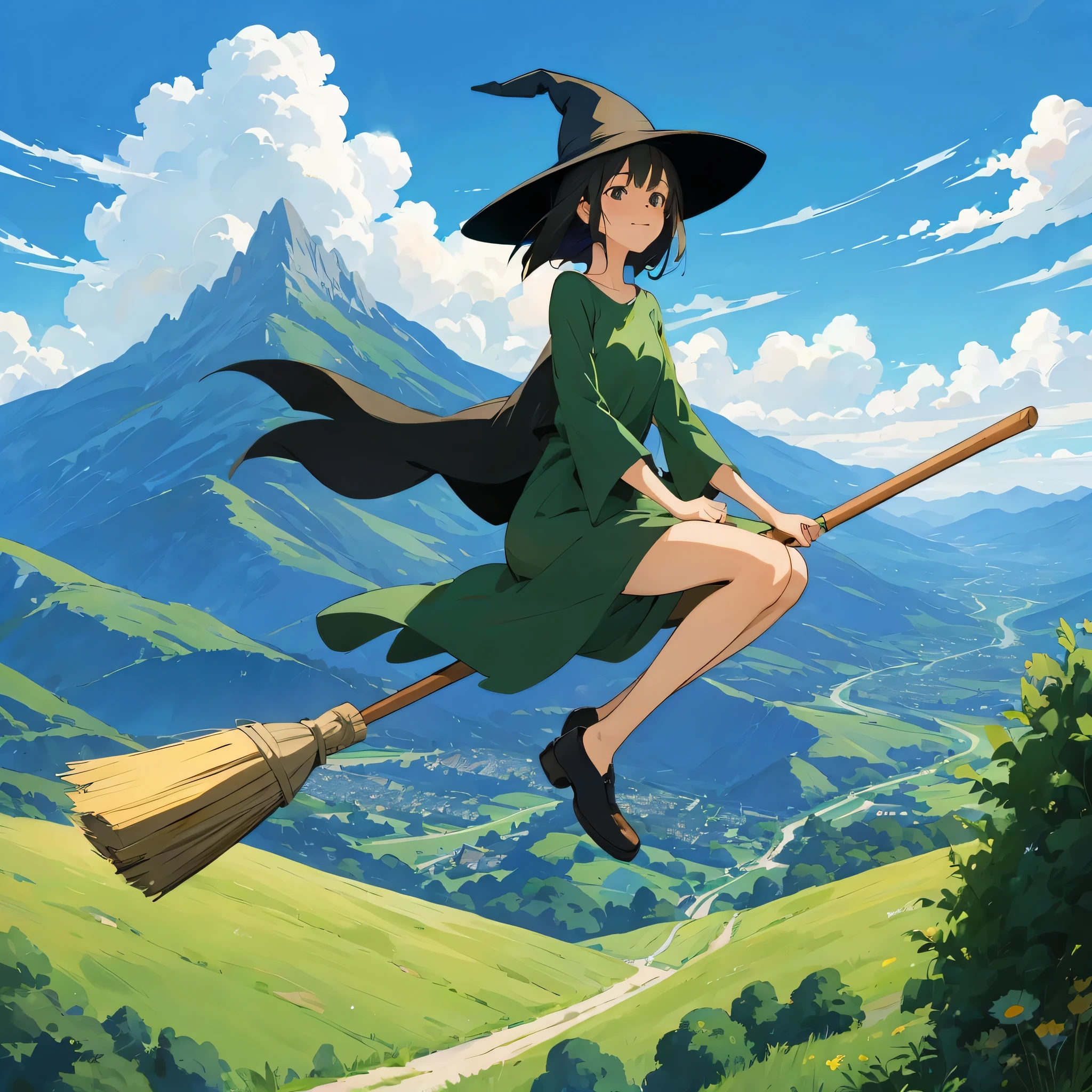 fix the face,((((Flying Witch))),((Hold the broom between your inner thighs:magic:rides:Flight)),Sit on a broom,Ride a broom,Straddling a broom,fantasy,beautiful light and shadow,be familiar with,((landscape:blue sky:summer)),A fresh green mountain below々,summerの日差し,anatomically correct,masterpiece,perfect face,cute face