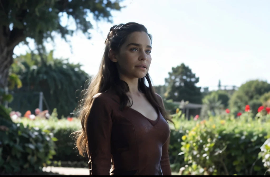 shot of emilia clarke extremely long red hair, bright green eyes, ivy poison from dc, big neckline, old dirty red jacket with an opening, small vines around the body, enjoying the plants in a beautiful garden, photorealistic, cinematic, overcast, full body angle, sunlight, 4k resolution, hyperdetailed, cinematic scene composition by james gunn