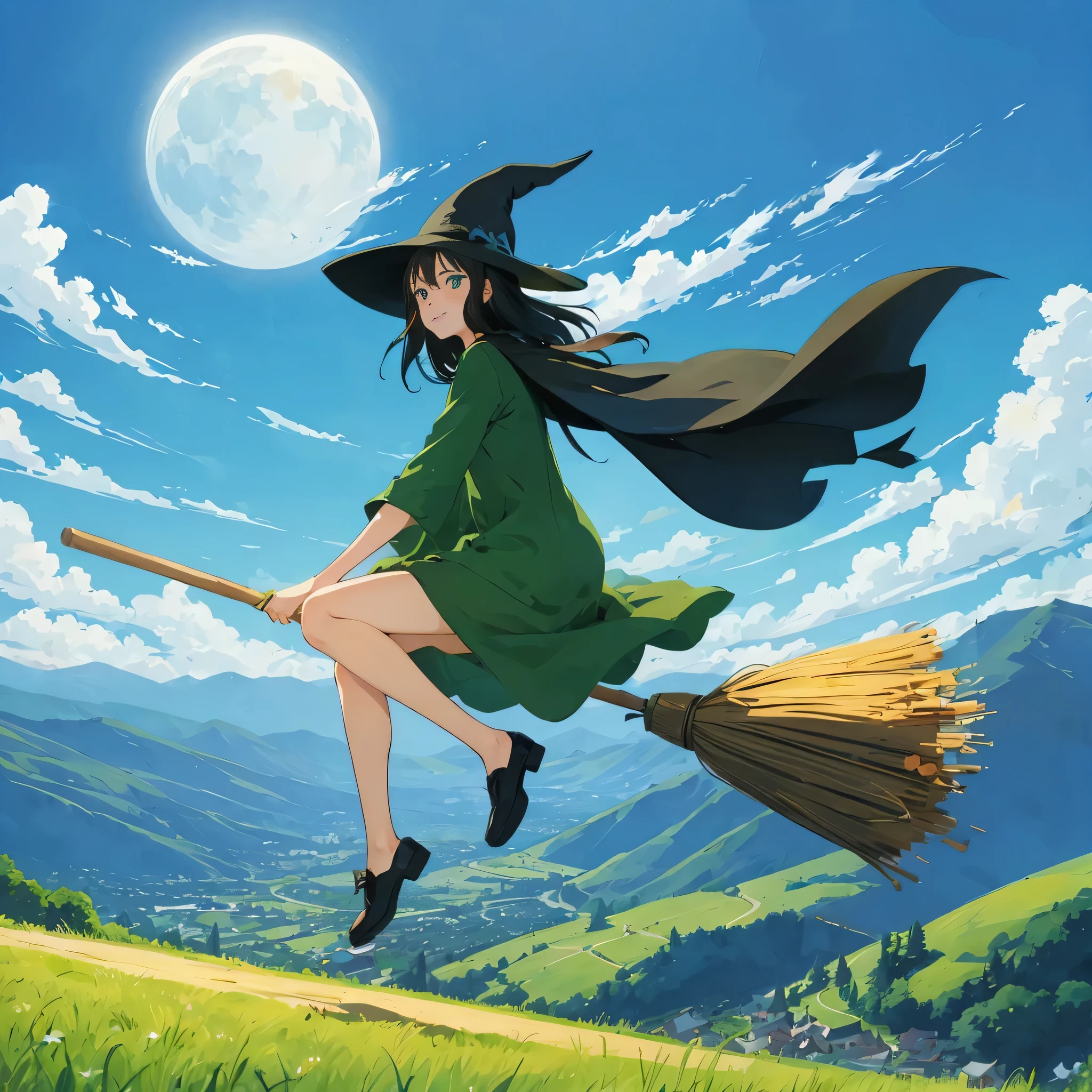 fix the face,((((Flying Witch))),((Hold the broom between your inner thighs:magic:rides:Flight)),Sit on a broom,Ride a broom,Straddling a broom,fantasy,beautiful light and shadow,be familiar with,((landscape:blue sky:summer)),A fresh green mountain below々,summerの日差し,anatomically correct,masterpiece,perfect face,cute face