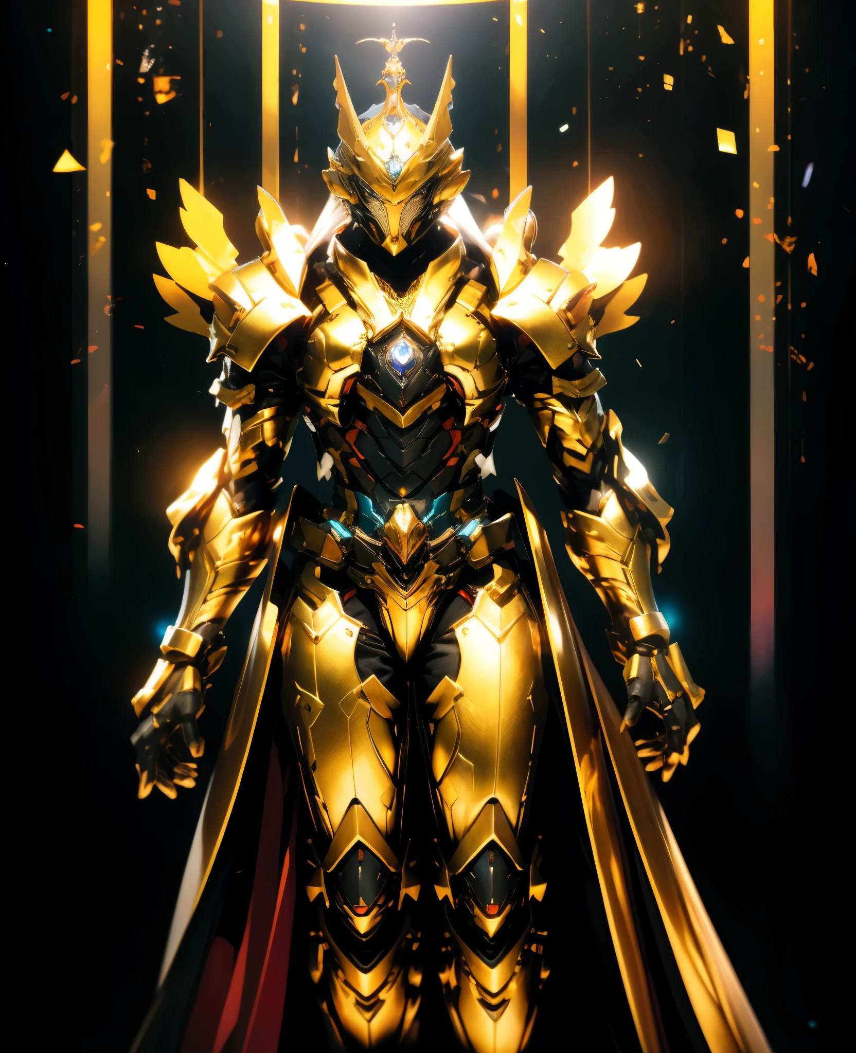A woman adorned in fantasy-style full-body armor, a crown-concept fully enclosed helmet that unveils only her eyes, a composite layered chest plate, fully encompassing shoulder and hand guards, a lightweight waist armor, form-fitting shin guards, the overall design is heavy-duty yet flexible, the armor gleams with a golden glow, complemented by red and blue accents, exhibiting a noble aura, she floats above a fantasy-surreal high-tech city, this character embodies a finely crafted fantasy-surreal style armored hero in anime style, exquisite and mature manga art style, goddess, femminine, long legs, metallic, elegant, high definition, best quality, highres, ultra-detailed, ultra-fine painting, extremely delicate, professional, anatomically correct, symmetrical face, extremely detailed eyes and face, high quality eyes, creativity, RAW photo, UHD, 32k, Natural light, cinematic lighting, masterpiece-anatomy-perfect, masterpiece:1.5