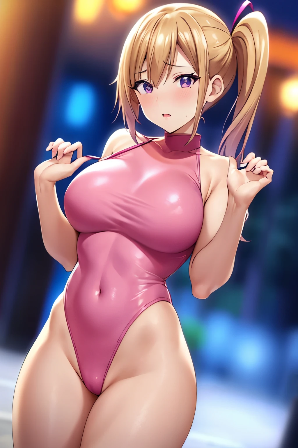 masterpiece, (highest quality), 1 female,1 girl,1 boy,,kawakami_May, blonde hair, hair length, side ponytail, purple eyes,pink leotard, pink shiny leotard, Pink rubber suit, mole under eye,women sexy, embarrassing,blush, Bright colors,,natural soft light,rtx, , beautiful feces, (detailed face:1.2), showcase, (perfect eyes:1.1) ,(Photoreal:1.1), 8K UHD, look at the audience, outside the house, simple background