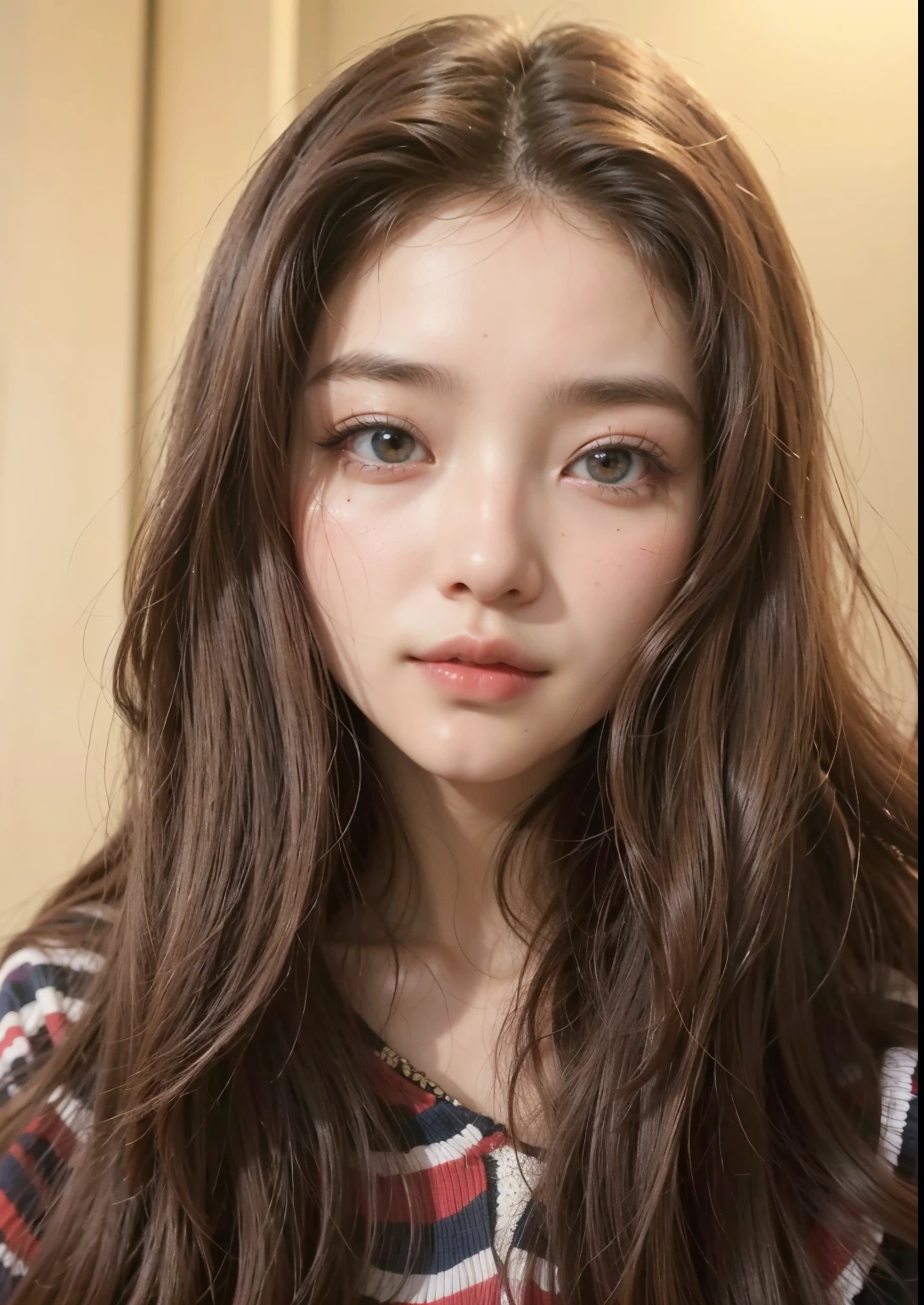 um close up de uma jovem mulher de cabelos longos e uma camisola, jaeyeon nam, com cara fofa - linda, young lovely korean face, Xintong Chen, adorable and pale korean face, Xisionwu, young pale and beautiful asian face, garota cara fofa, wenfei you, gongbi, maquiagem coreana popular, maquiagem sul-coreana popular,  coreana