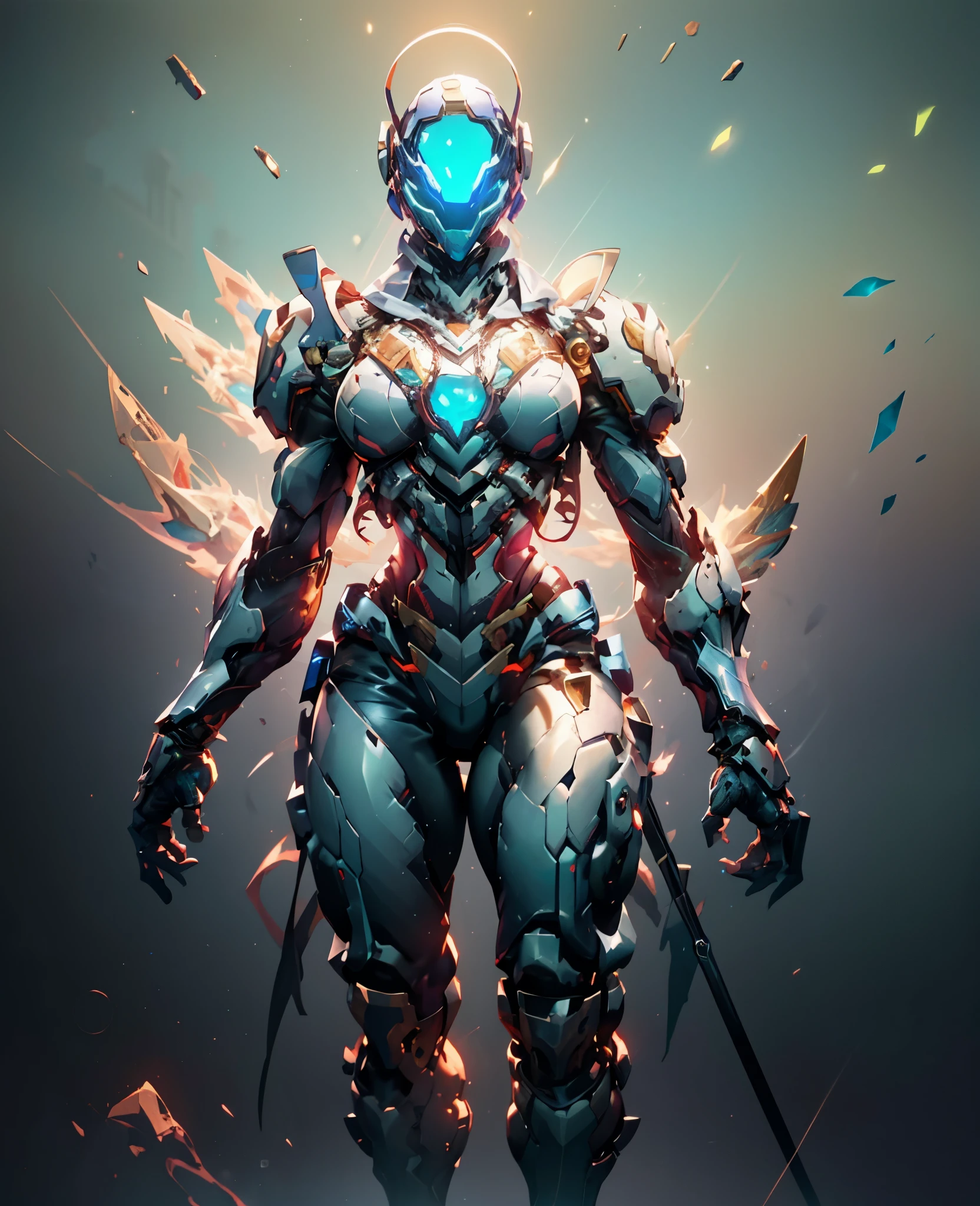 A woman adorned in fantasy-style full-body armor, a crown-concept fully enclosed helmet that unveils only her eyes, a composite layered chest plate, fully encompassing shoulder and hand guards, a lightweight waist armor, form-fitting shin guards, the overall design is heavy-duty yet flexible, the armor gleams with a golden glow, complemented by red and blue accents, exhibiting a noble aura, she floats above a fantasy-surreal high-tech city, this character embodies a finely crafted fantasy-surreal style armored hero in anime style, exquisite and mature manga art style, goddess, femminine, long legs, metallic, elegant, high definition, best quality, highres, ultra-detailed, ultra-fine painting, extremely delicate, professional, anatomically correct, symmetrical face, extremely detailed eyes and face, high quality eyes, creativity, RAW photo, UHD, 32k, Natural light, cinematic lighting, masterpiece-anatomy-perfect, masterpiece:1.5