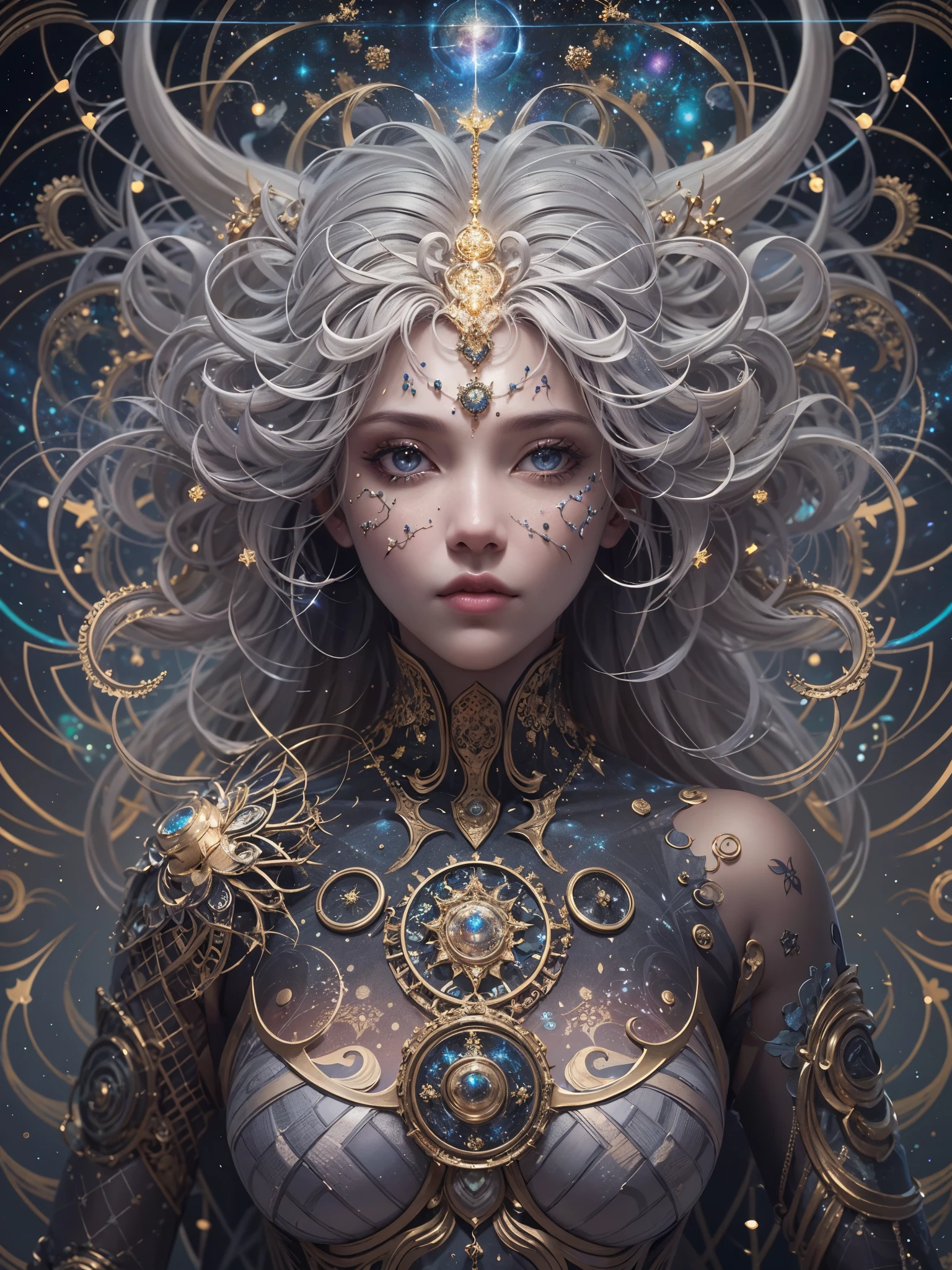 In this artwork the cosmic deity Hecate exits the confines of myth to reveal herself as a universal force. Pixel by pixel, her form is rendered with unrivaled clarity, capturing a beauty that echoes across the cosmos. Peer into her eyes, and you are taken on a celestial journey; within their galactic hues and fractal patterns lie the secrets of space and time, a fractal representation of stardust and supernovas.
These eyes are not merely a marvel to behold; they are the embodiment of wisdom that transcends the ages, portals to dimensions where the rules of physics are penned in the ink of imagination. Their gaze, both metallic and soft, penetrates the soul, while fractalized irises reflect the orderly chaos of the universe.
Upon her skin are the stories of eons. Each marking and tattoo, a testament to her role as the guardian of time. Shadow and light play upon her, creating contours that beckon the observer closer. The artwork boasts such a high resolution that the textures of her metallic dermis seem alive, as if she could step out of the canvas.
Her hair cradles a moon—a luminous emblem of her sovereignty over celestial cycles and the mysteries of the night. The silver crest accentuates her hair, reflecting a glow that seems to emanate from within, each strand captured with a precision that dances on the edge of reality.
As the viewer's eye explores further, they discover more than just a divine figure. Each curve, each line of her body is a narrative, a compendium of tales that chart the course of existence. Her form is not just seen but felt, as if every depiction is a passage to the legends of old and the yet unwritten futures.
This piece is not just a portrait but a multidimensional story waiting to be read. It is the embodiment of the eternal dance of time and space—Hecate in all her glory, the ultimate artistry that redraws the boundaries between the real and the imagined. The experience of viewing this masterpiece is transformative, leaving an inde