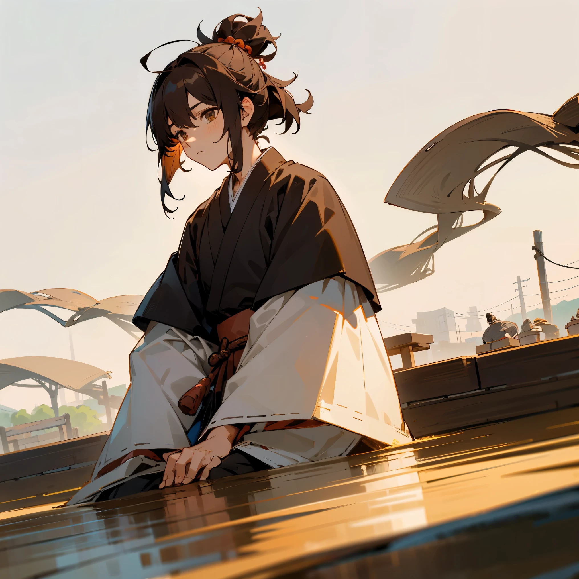 1male , Yukata , Samurai Clothing , layered hair, dark brown hair, wavy hair, top knot hair, Bob length hair , Sunny Day , Hands resting at sides , Serious Expression , Old Japanese Village Background