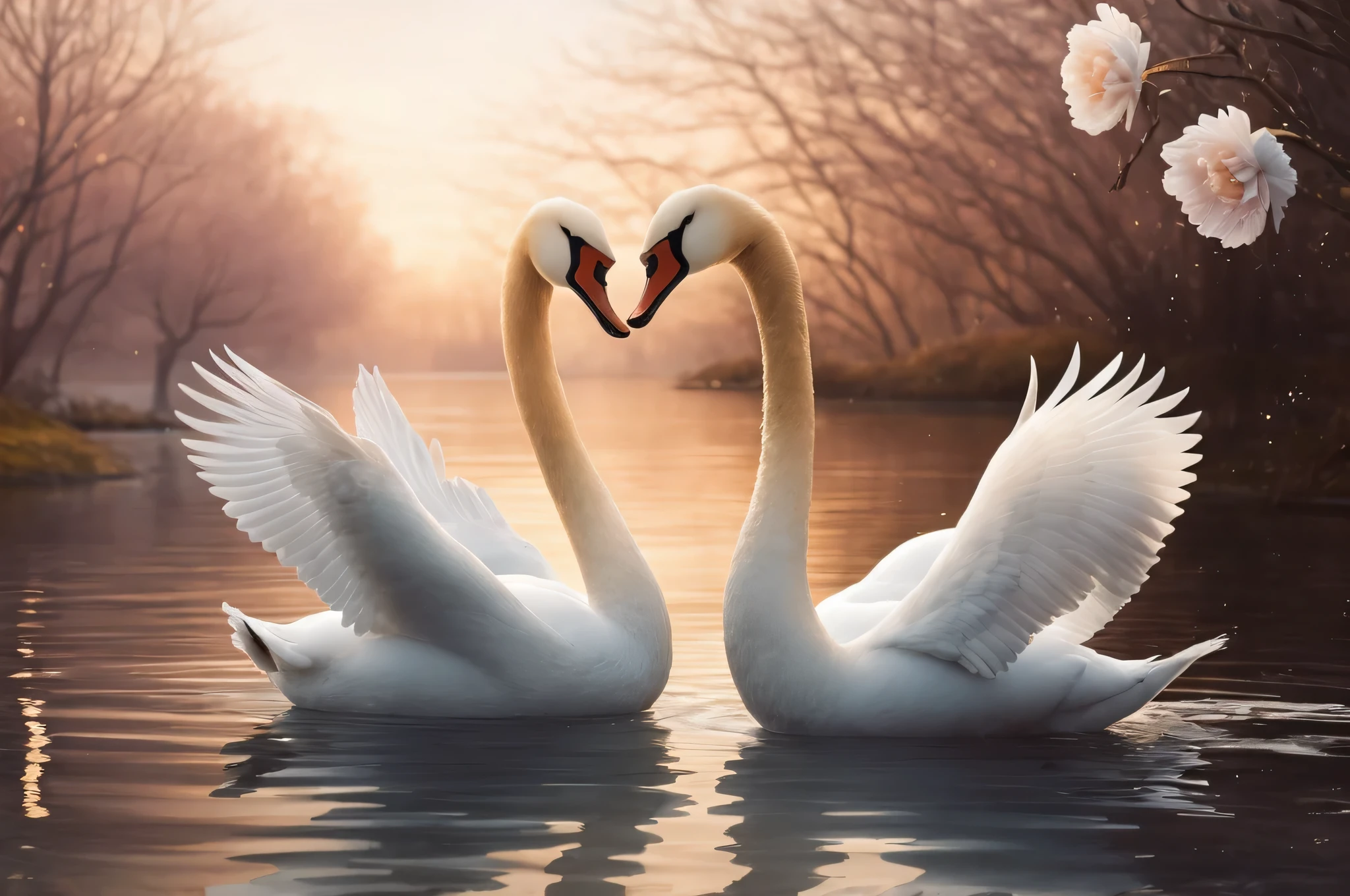 there are two swans that are swimming in the water, two swans swimming on the lake, swan, swans, romantic landscape, beautiful digital artwork, beautiful digital art, dreamy and romantic, romantic scene, kiss, romantic couple, elegant digital painting, beautiful dreamy breathtaking, beautiful and elegant, beautiful gorgeous digital art, warm beautiful scene, elegant scene, very beautiful digital art