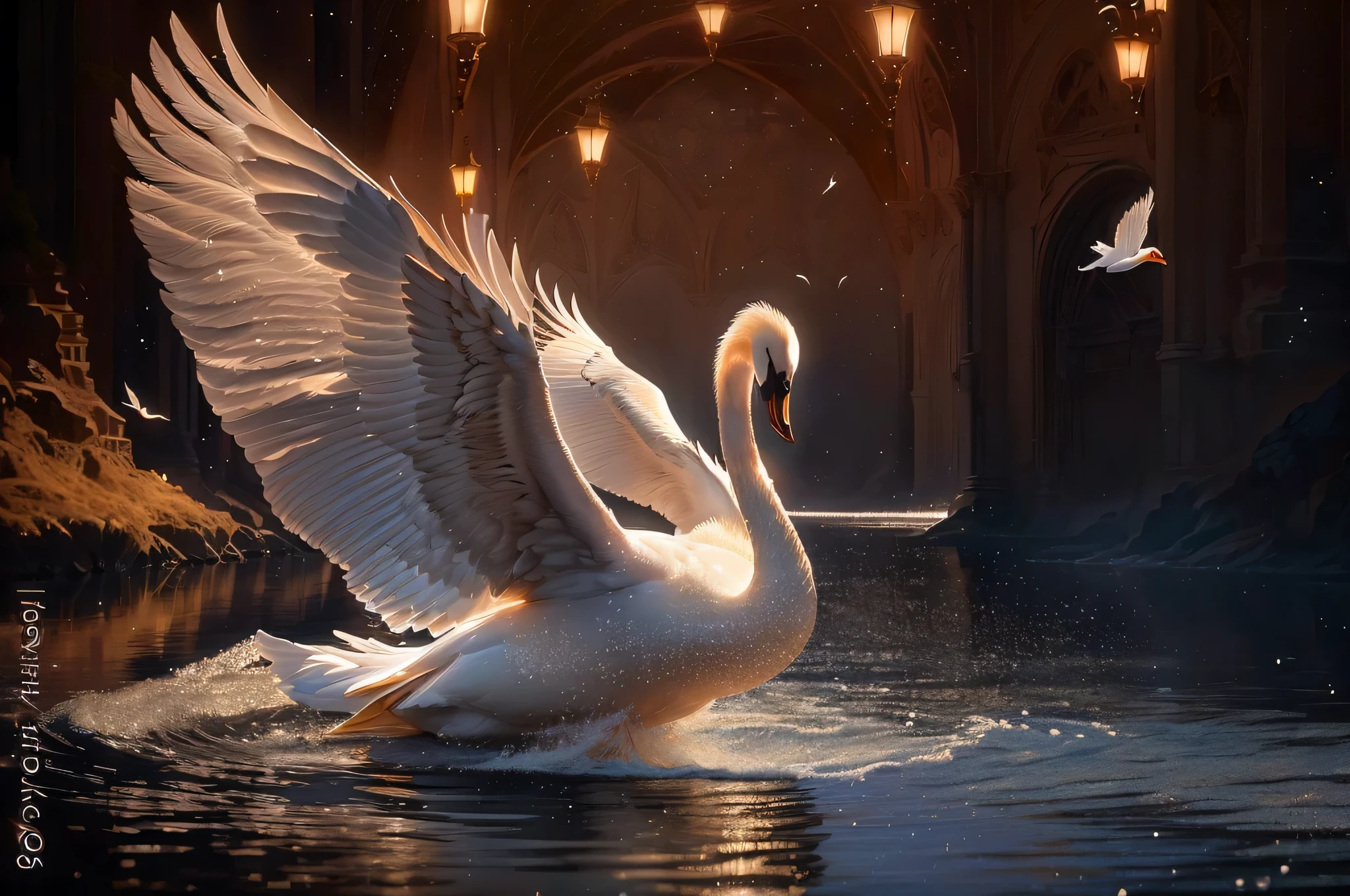 arafed swan in the water with its wings spread out, wings of a swan, beautiful and graceful, swan, spreading her wings, beautiful and elegant, peaceful and graceful, very beautiful photo, shutterstock contest winner, against dark background, fotografia, beautiful opened wings, beautiful photo, beautiful digital artwork, best on adobe stock, majestic wings