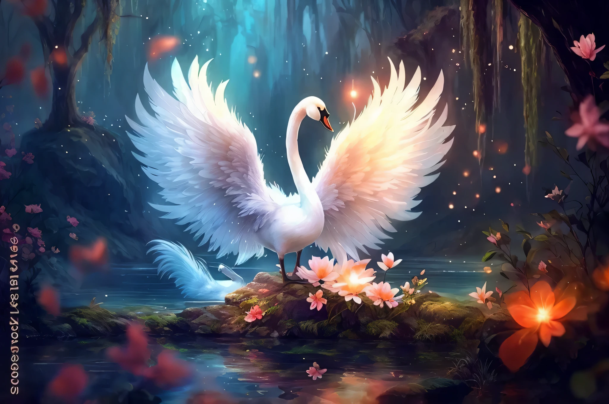 there is a swan that is standing on a rock in the water, beautiful digital artwork, beautiful digital art, swan, very beautiful digital art, wings of a swan, beautiful gorgeous digital art, gorgeous digital art, fantasy digital art, digital art fantasy, stunning digital art, beautiful fantasy, elegant digital painting, digital art fantasy art, fantasy beautiful, mythical creature